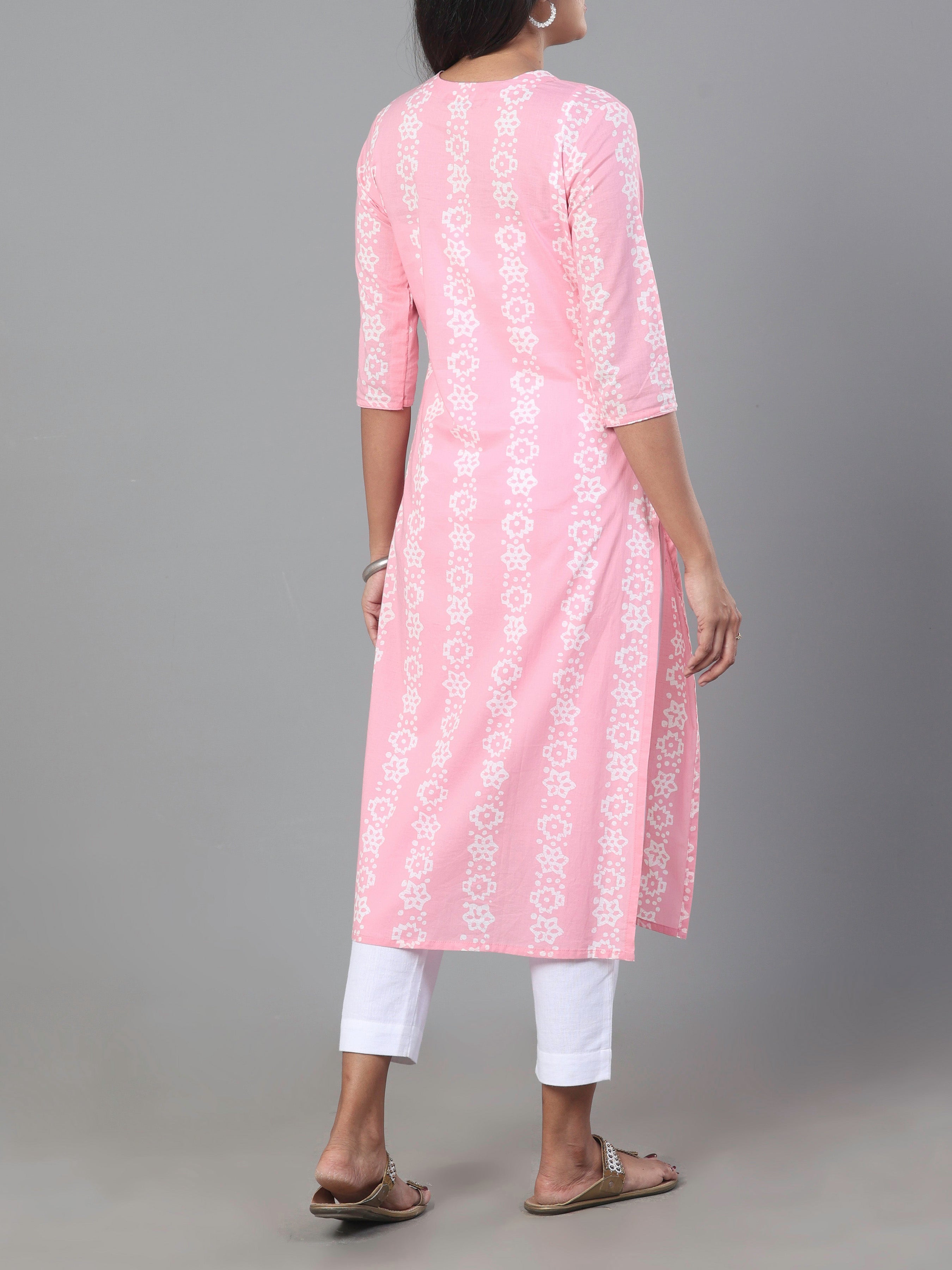 Pink Pure Cotton Printed Kurti With Embroidery