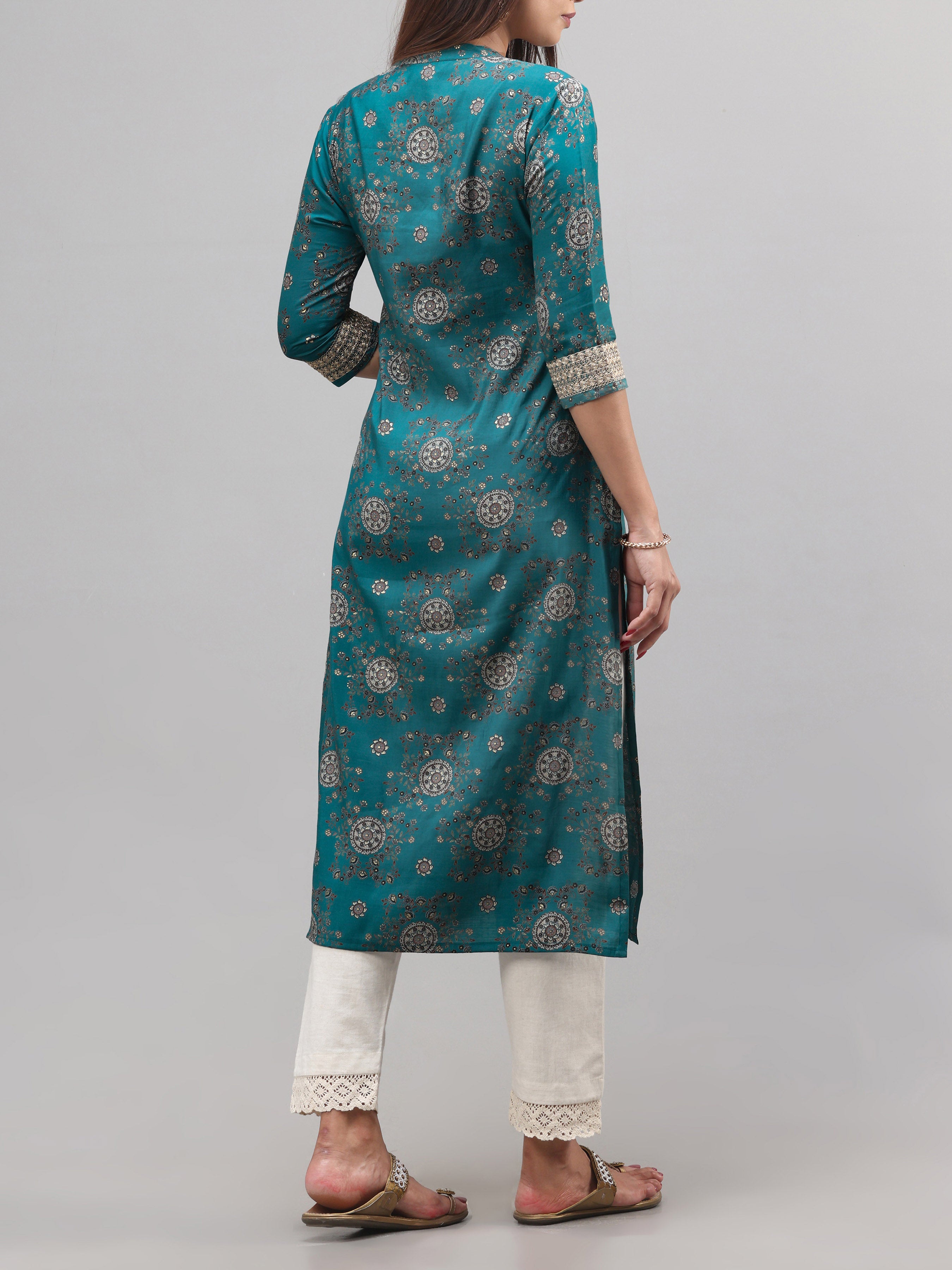 Teal Colour Modal Chanderi Kurti With Print