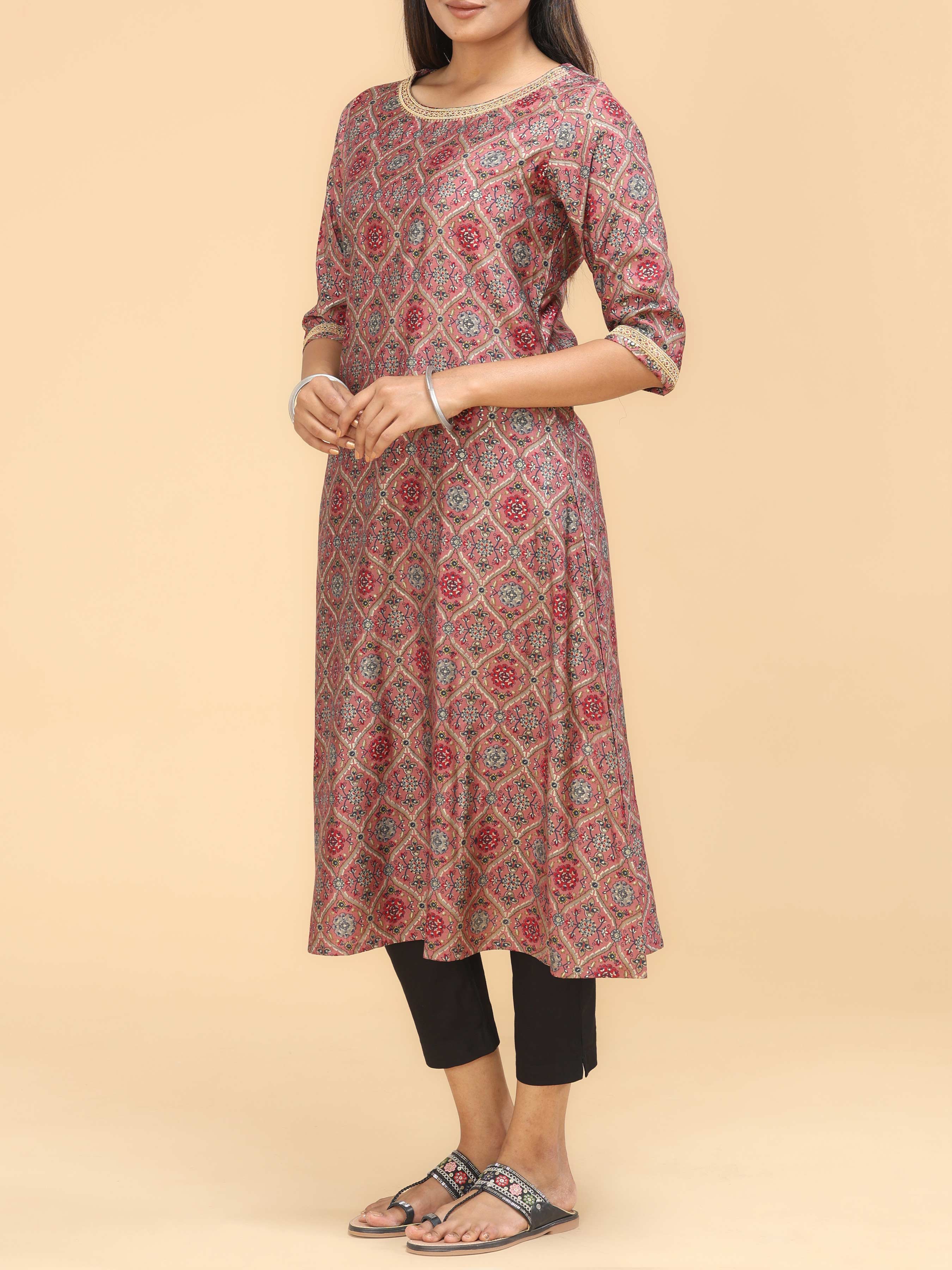 Copper Brown Modal Chanderi Printed Kurti With Hand Work