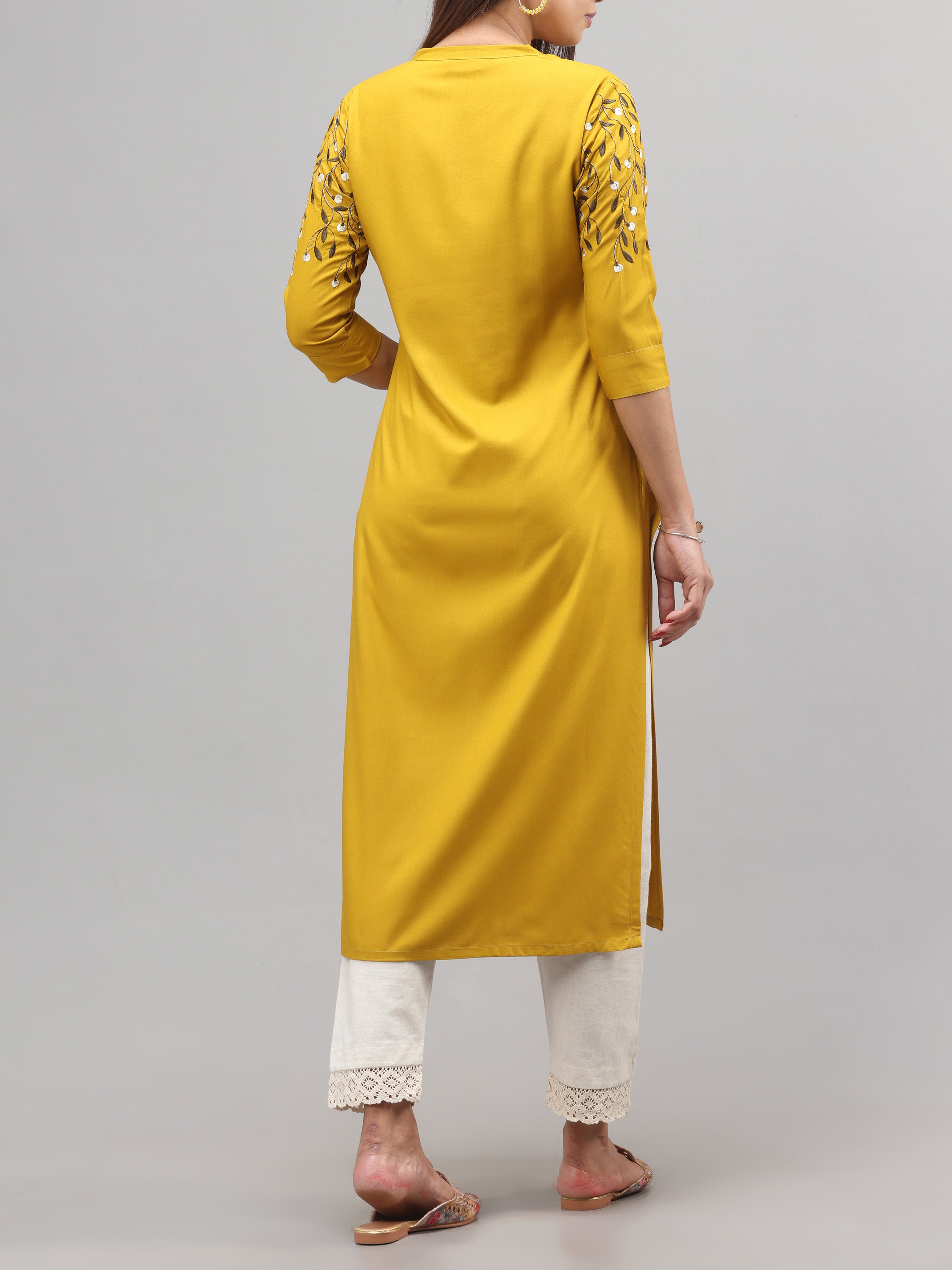Mustard Yellow Viscose Kurti With Embroidery
