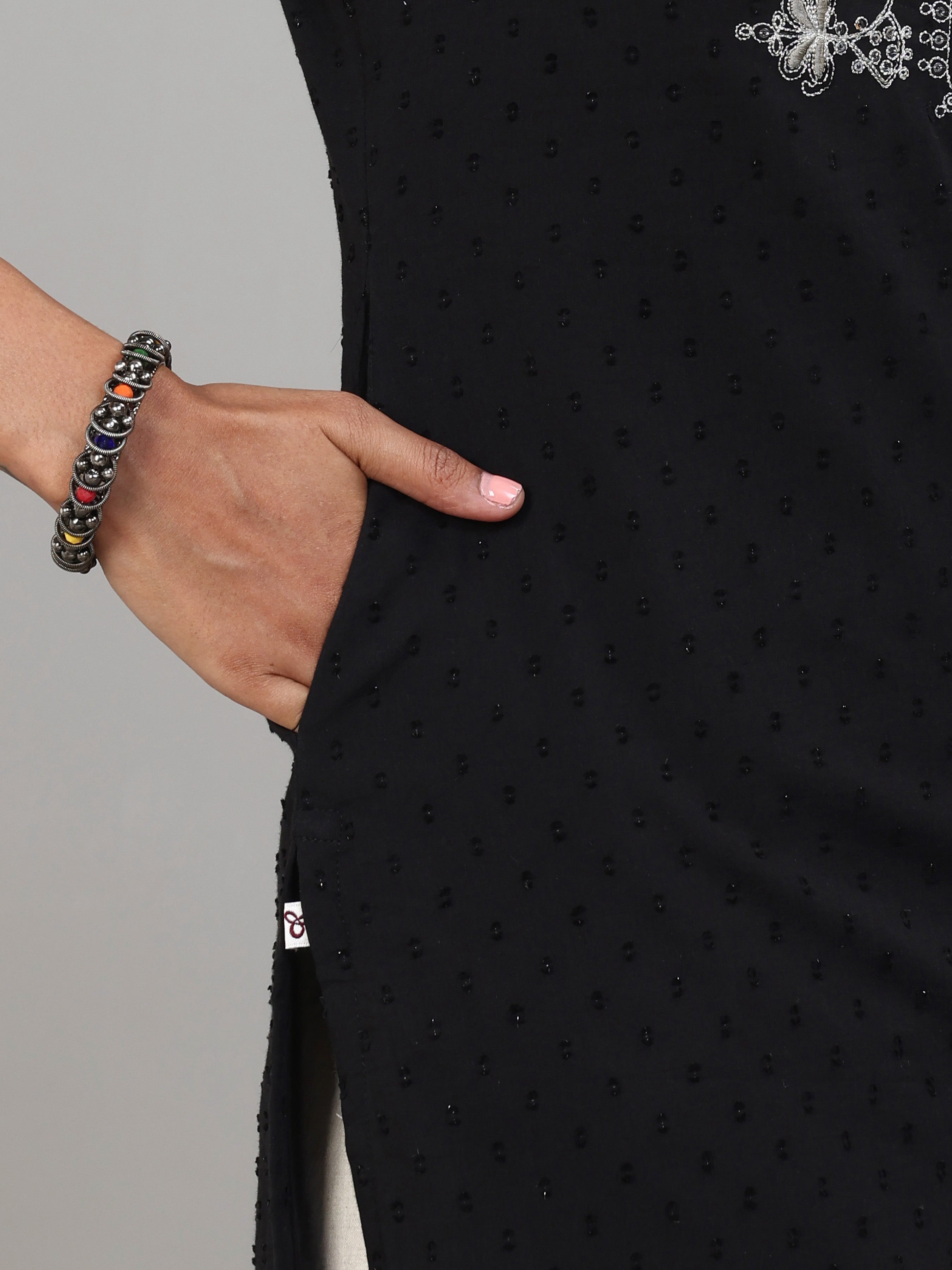 Black Cotton Dobby Kurti With Embroidery