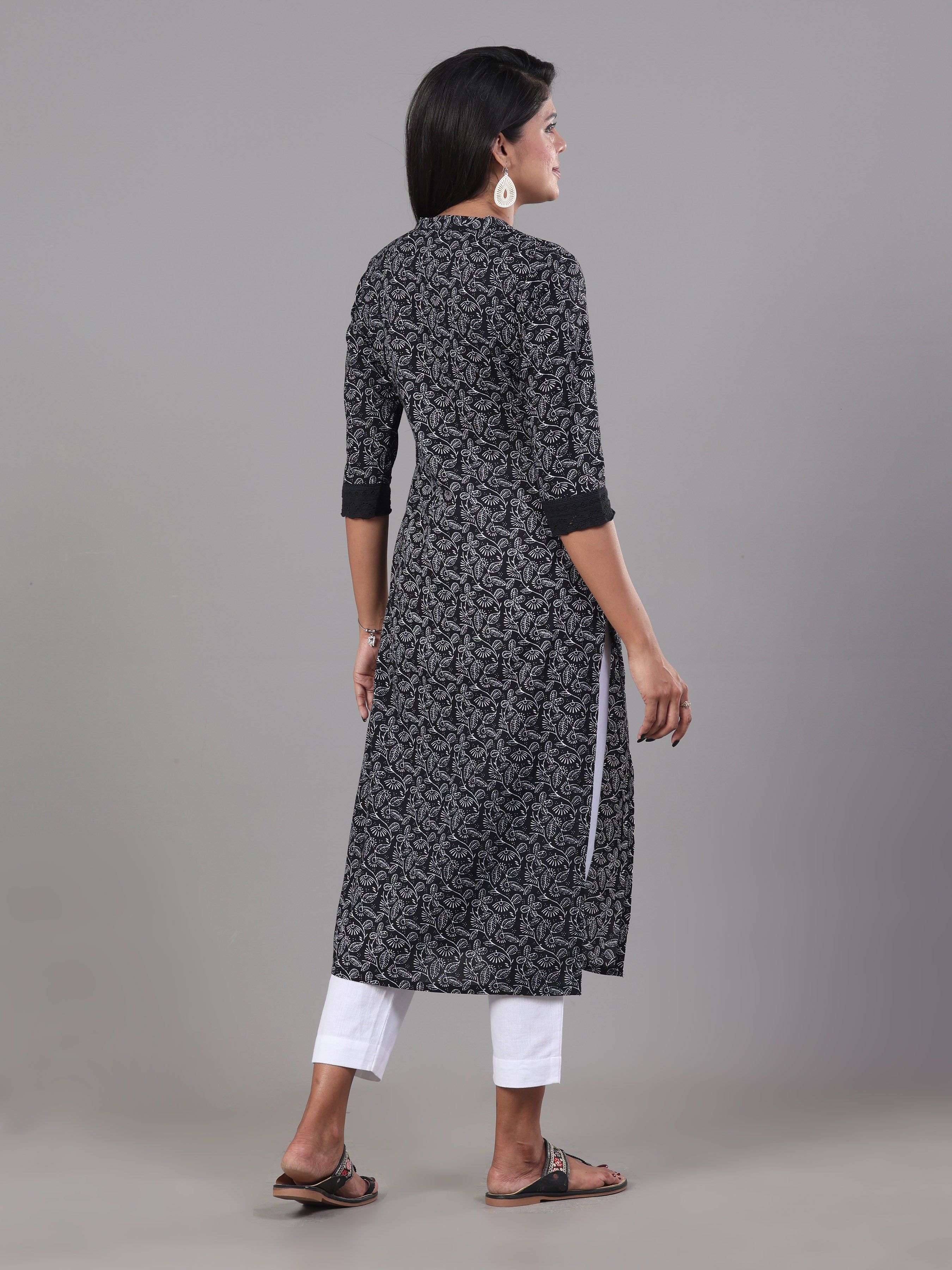 Black And White Pure Cotton Printed Kurti With Lace Detailing