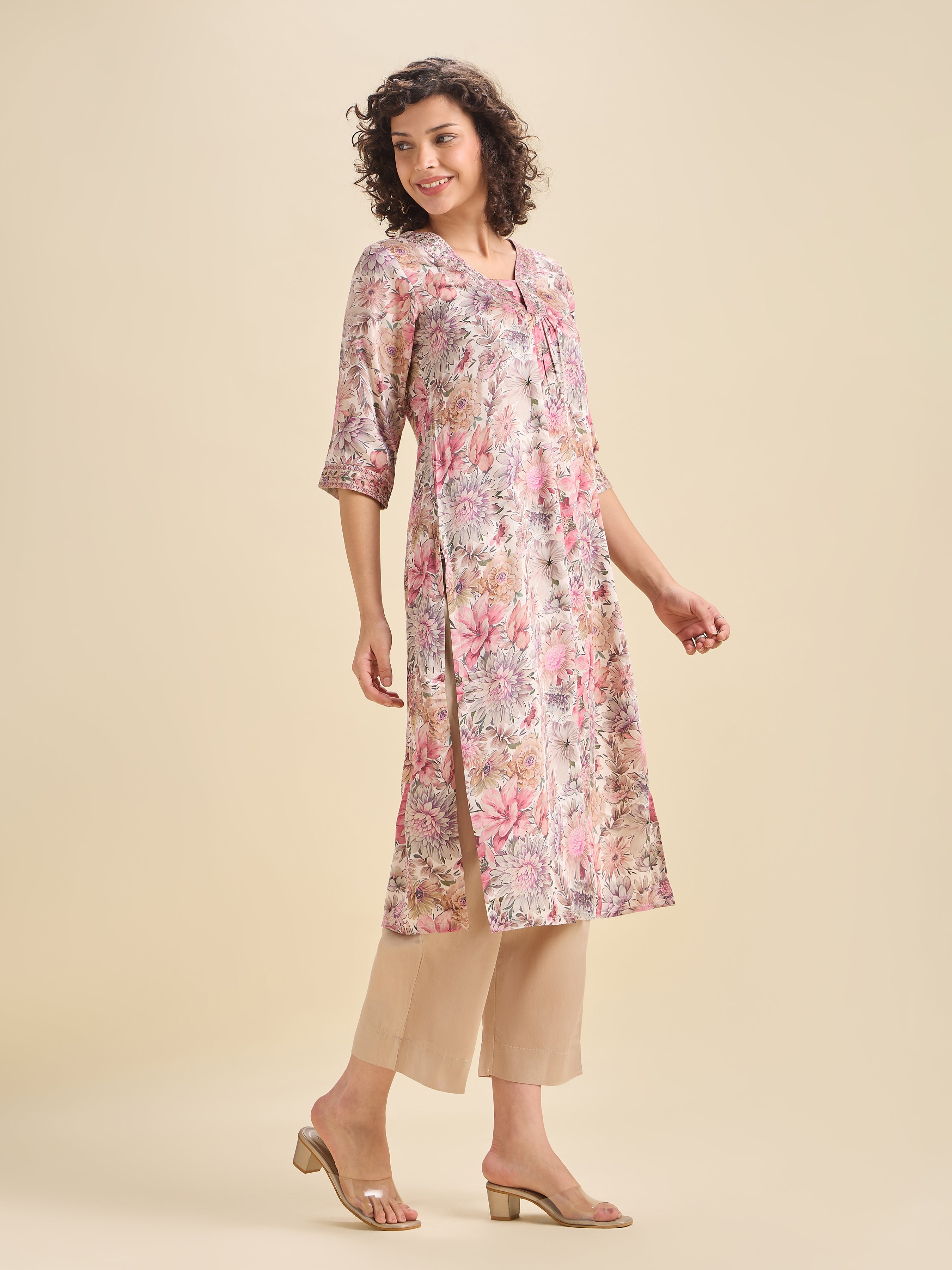 Ivory Multi Colour Modal Satin Printed Kurti With Embroidery
