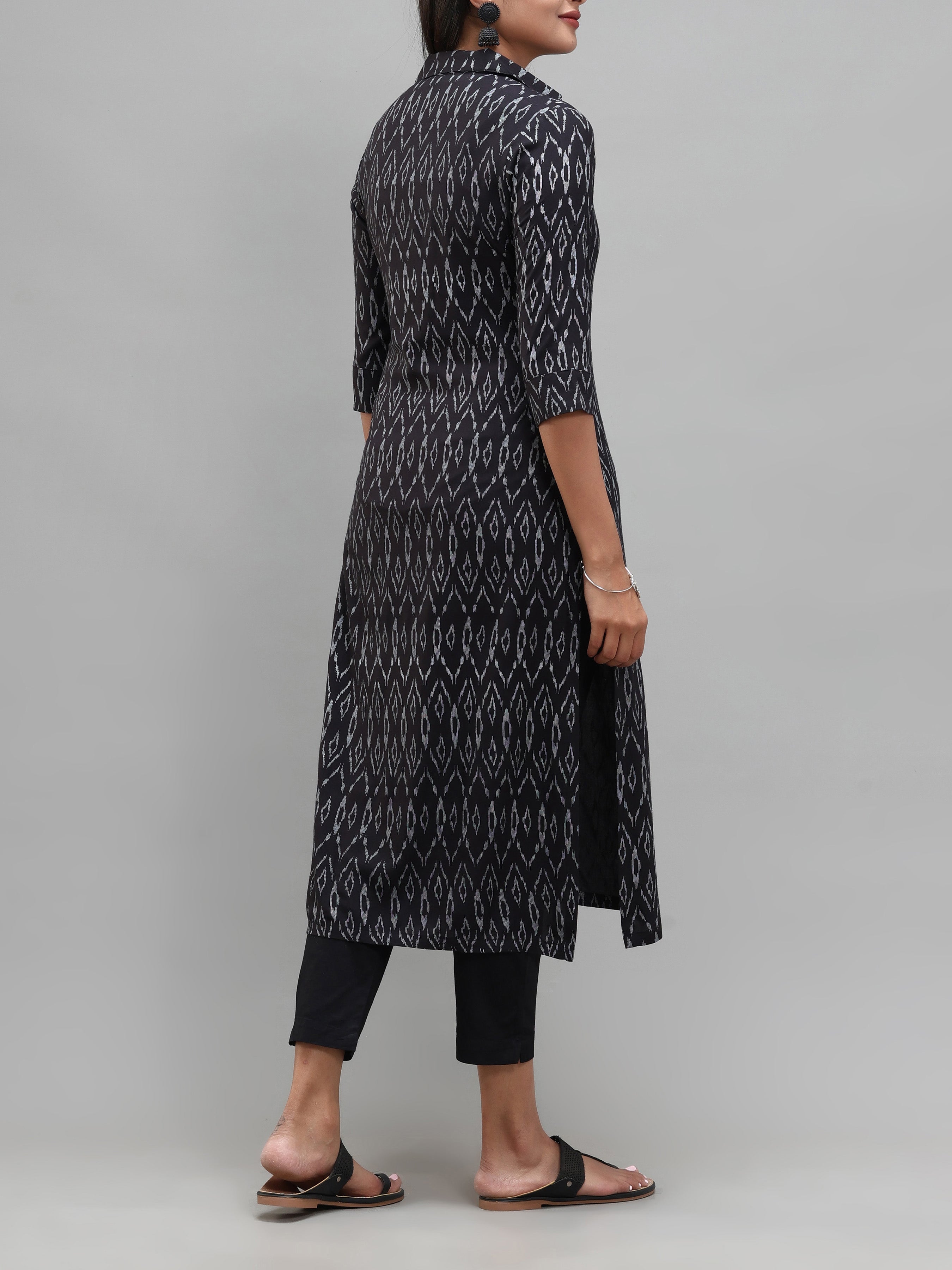 Black Viscose Printed Kurti With Button Placket