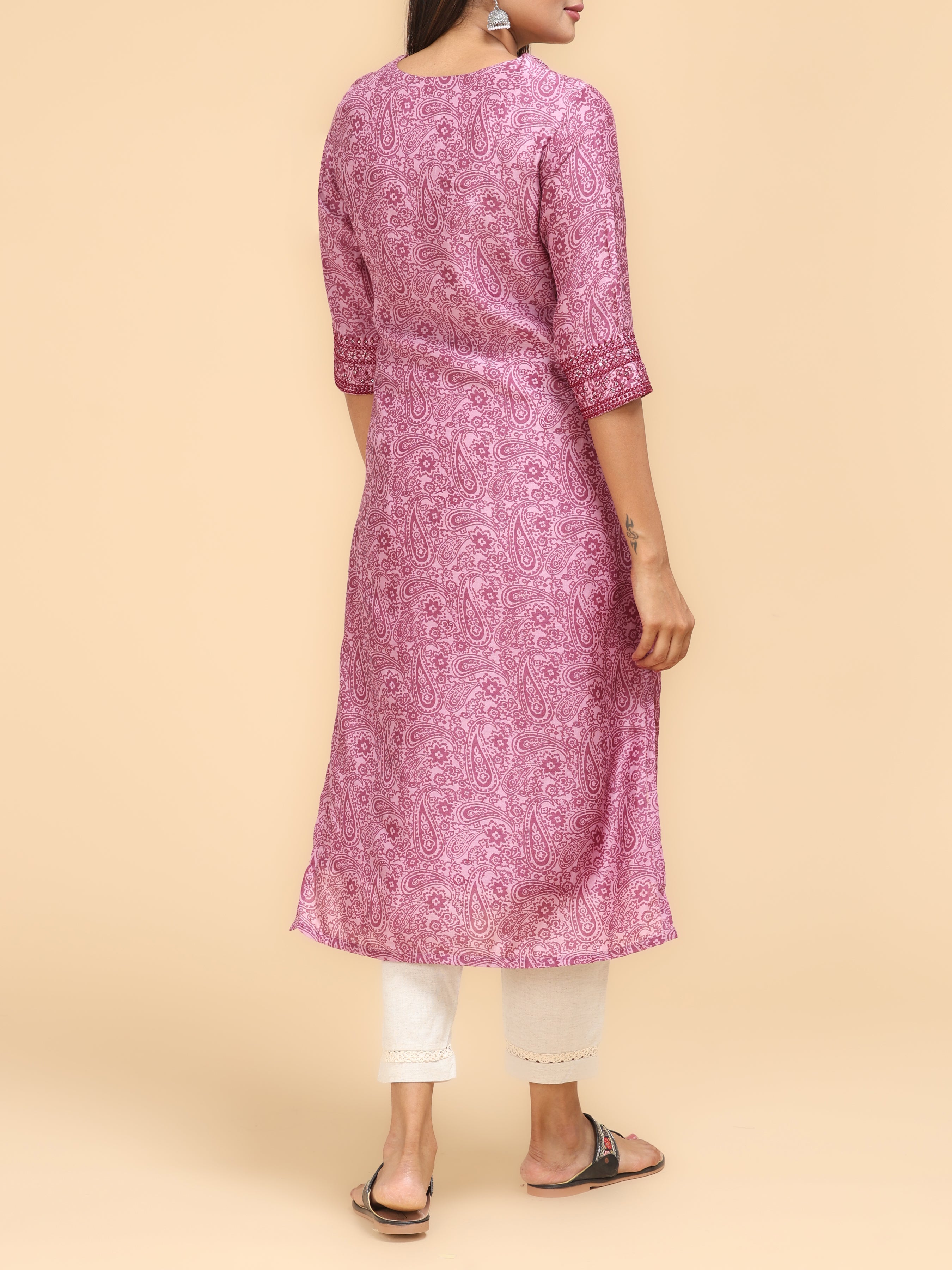 Pink Muslin Printed Kurti With Embroidery