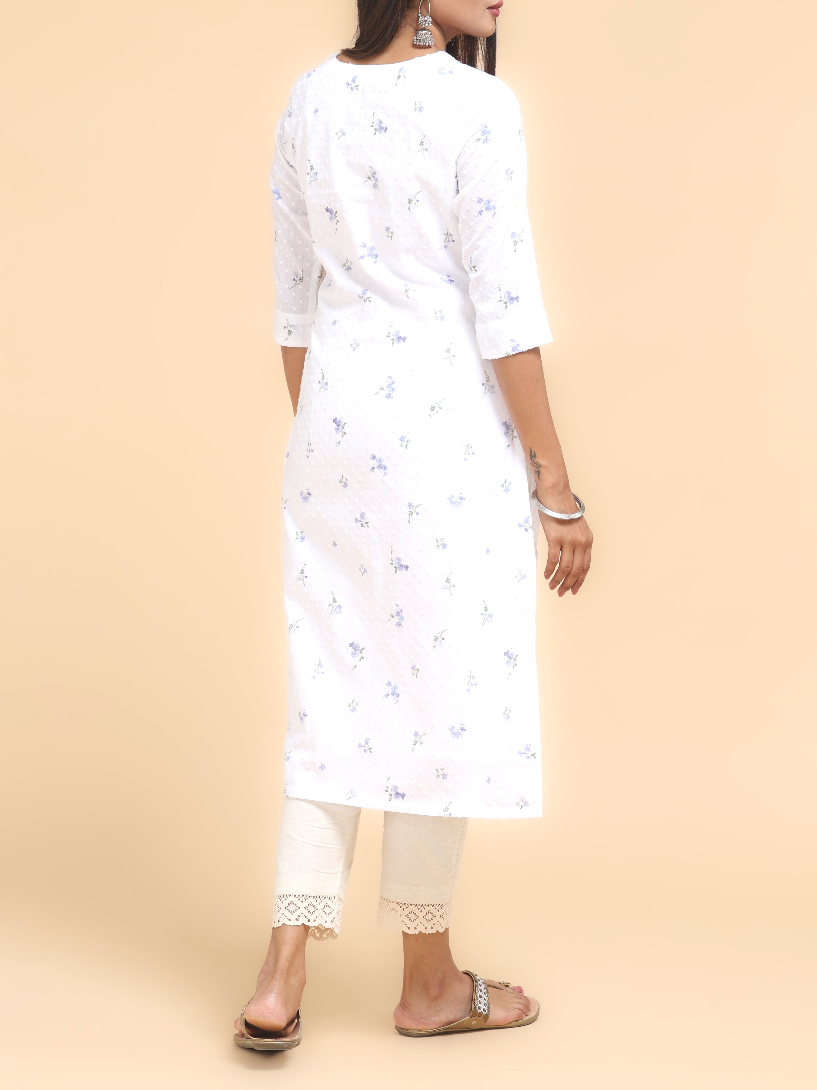 White Cotton Dobby Printed Kurti With Embroidery