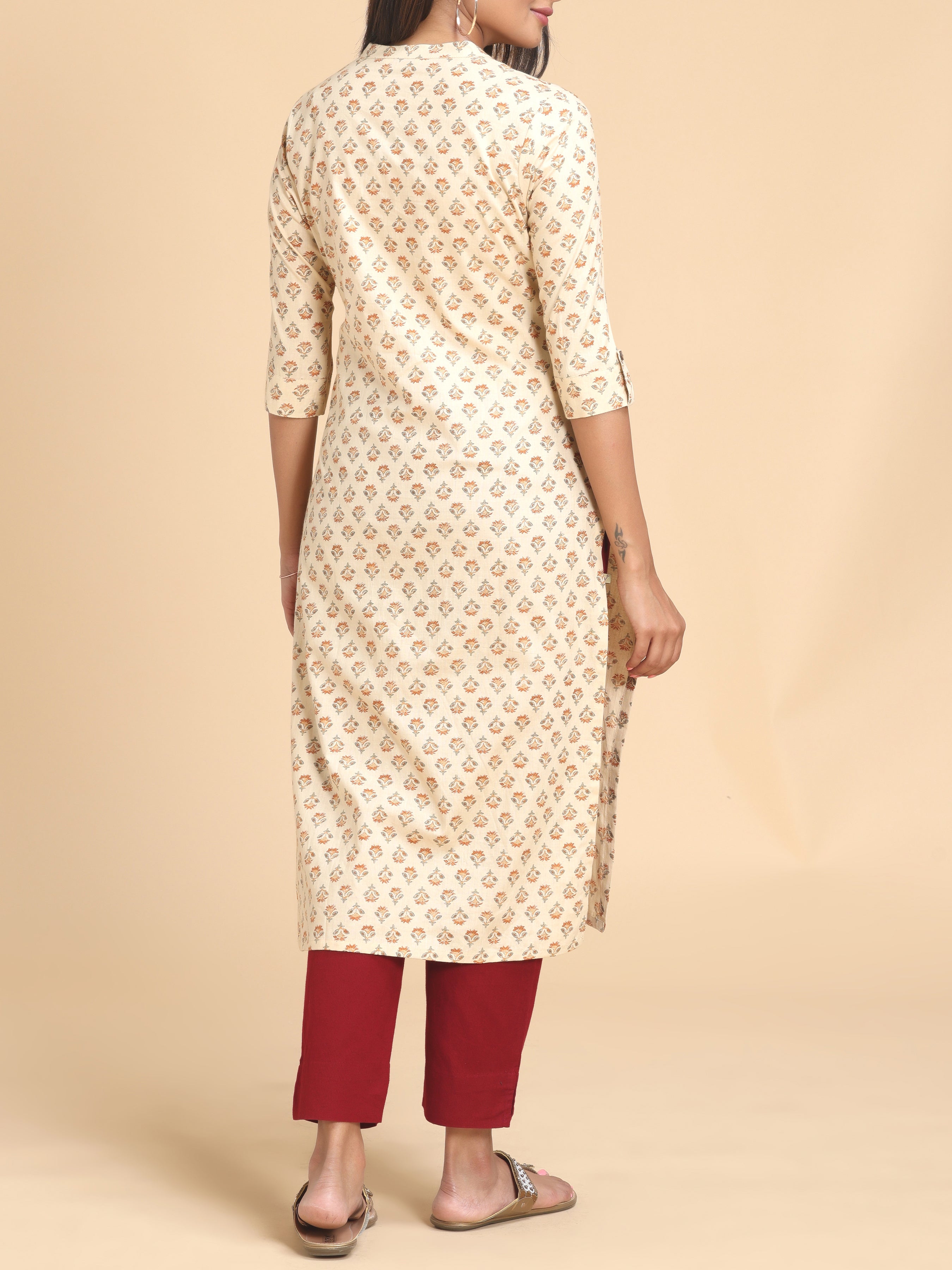 Beige Pure Cotton Printed Kurti