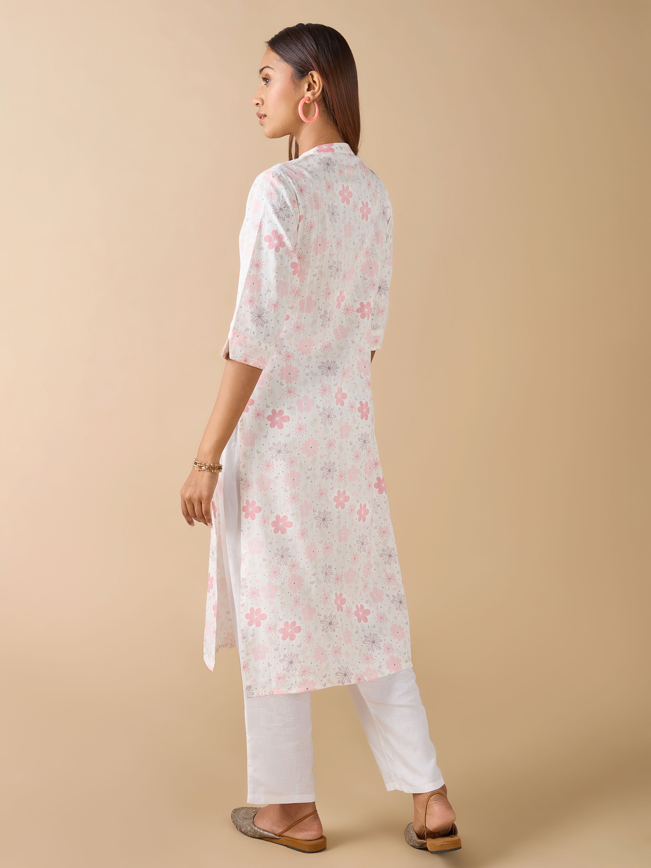White Cotton Dobby Printed Kurti With Princess Cut