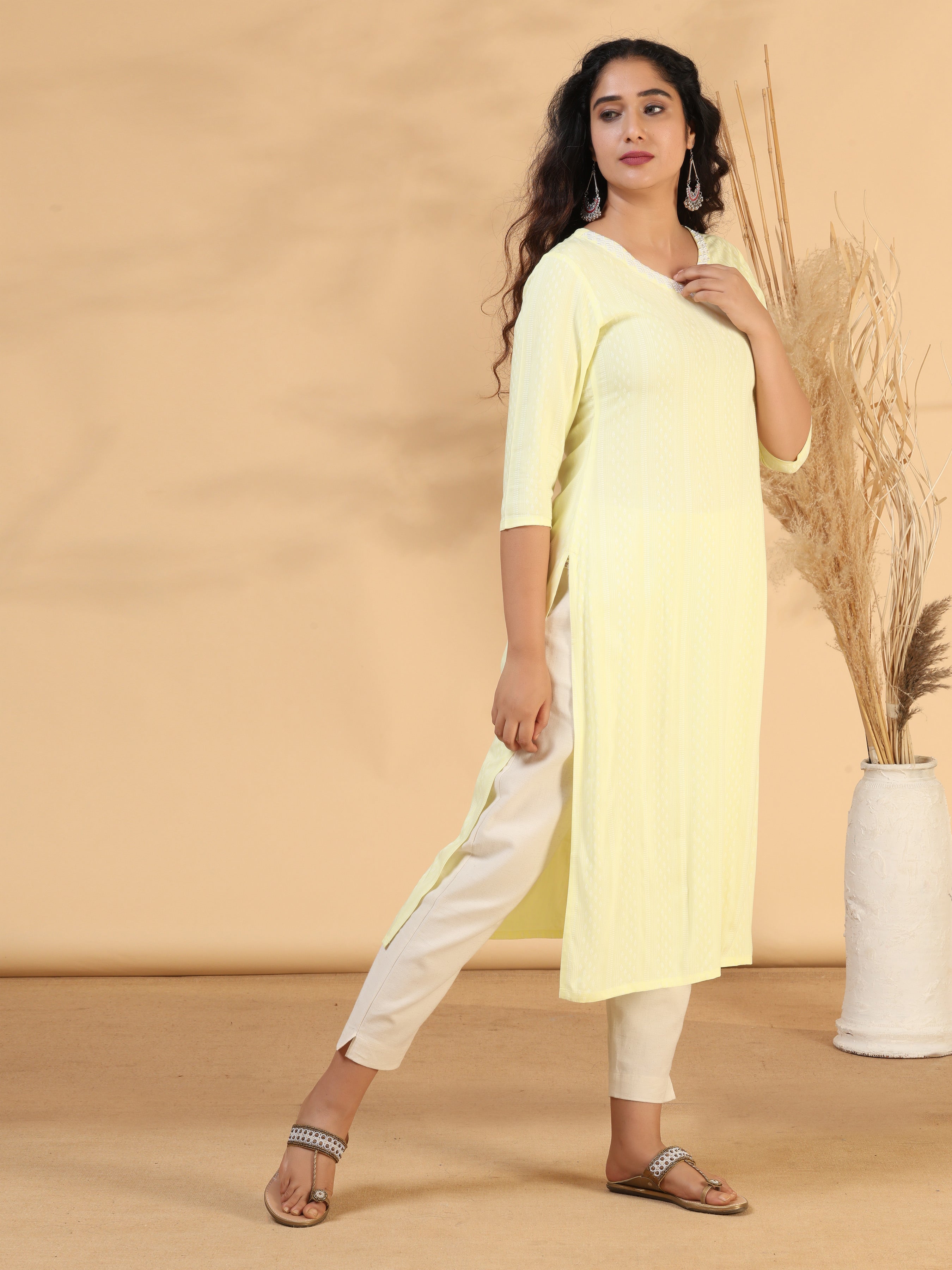 Lemon Yellow Rayon Kurti With Embroidery