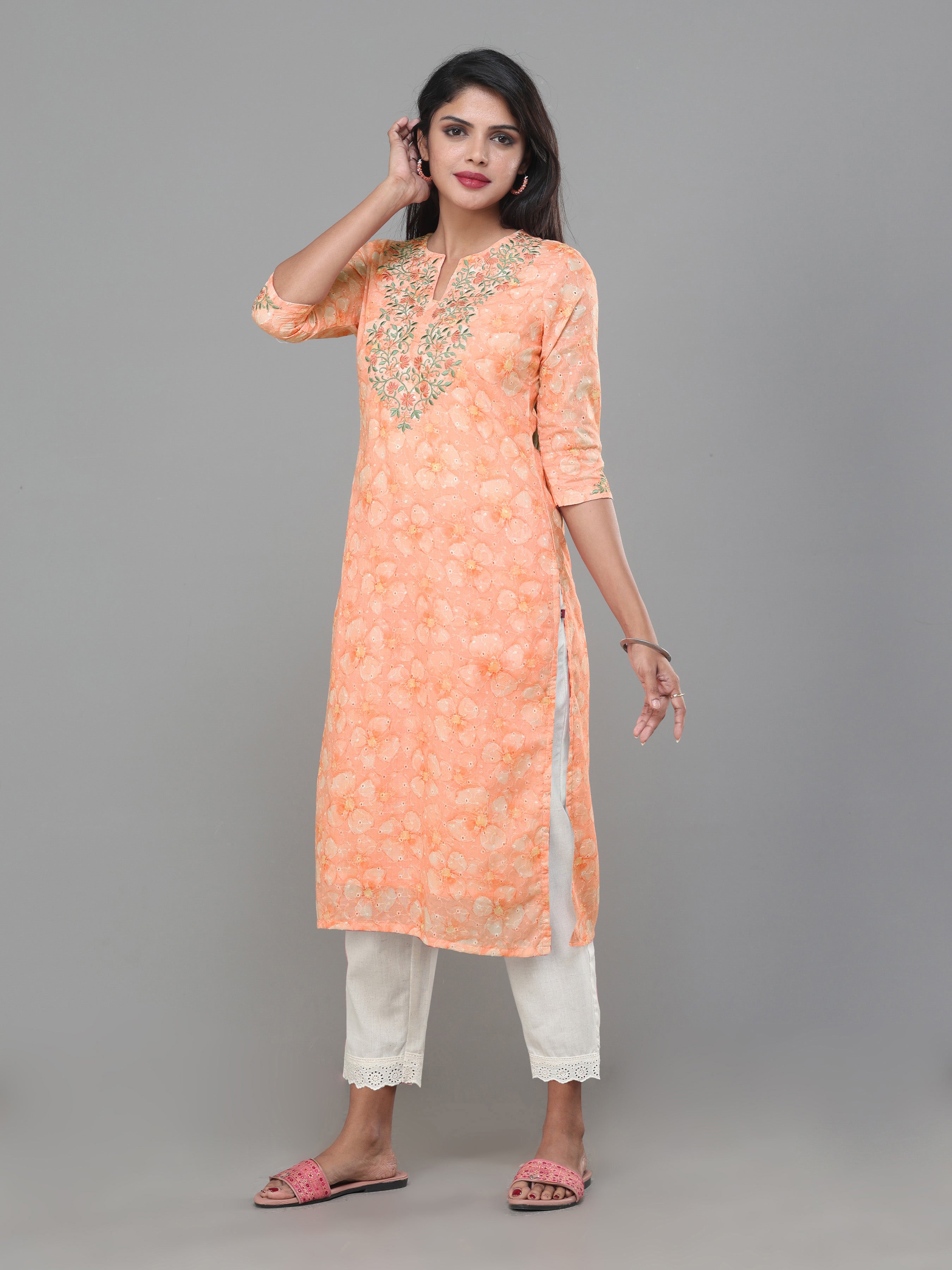 Rust Orange Cotton Schiffli Printed Kurti With Embroidery And Matching Bottom
