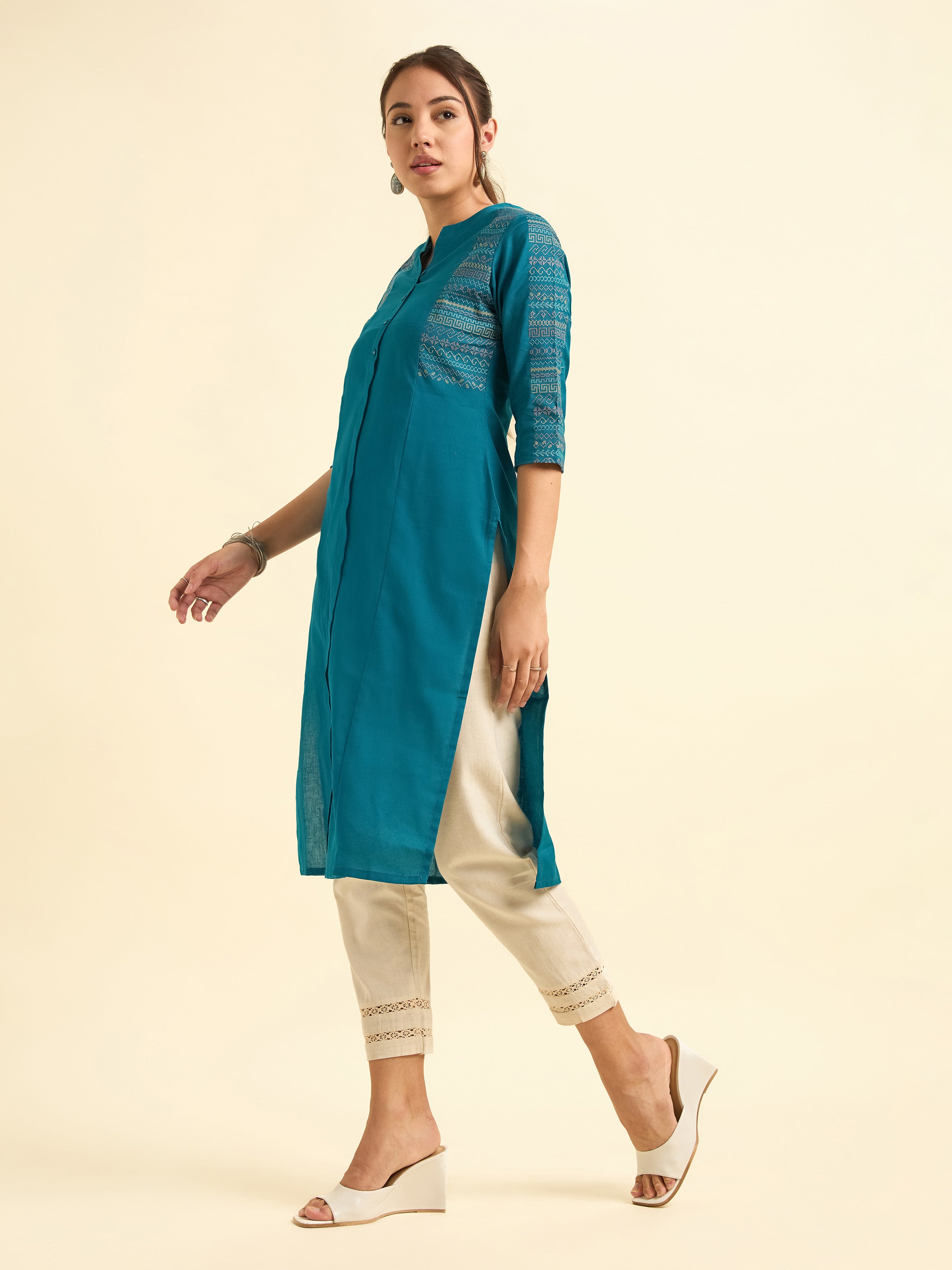 Peacock Blue Cotton Flax Slitted Kurti With Embroidery
