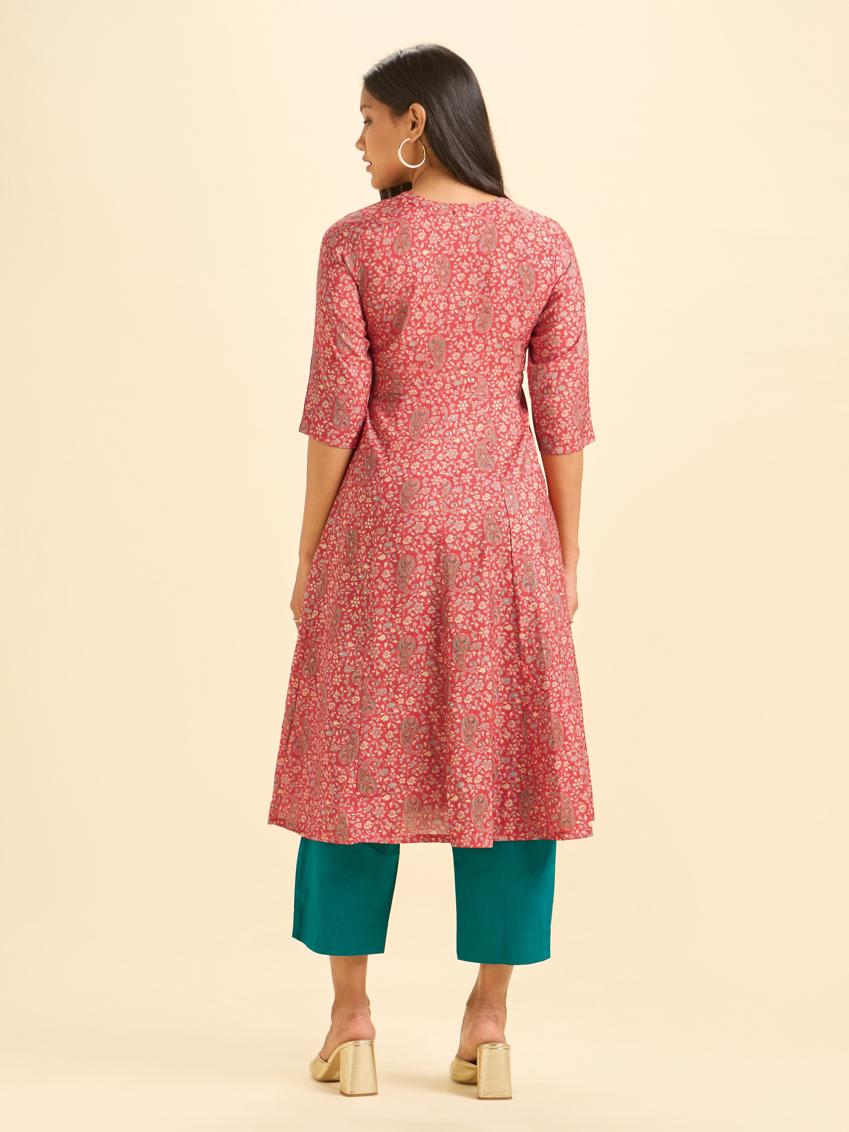 Red Modal Chanderi Kali Cut Kurti Set With Embroidery Sequins Work