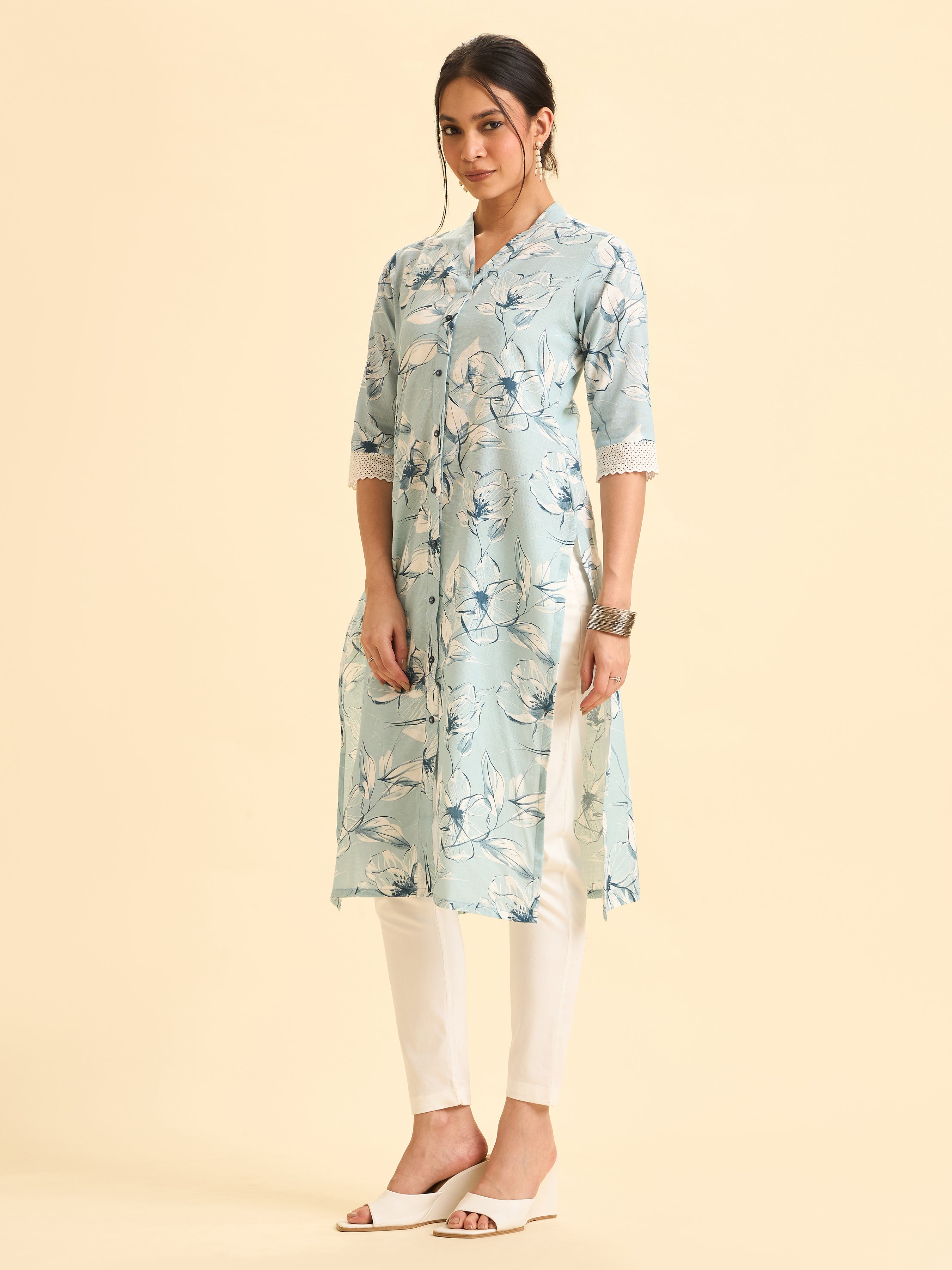 Sky Blue Cotton Linen Printed Slited Kurti With Lace