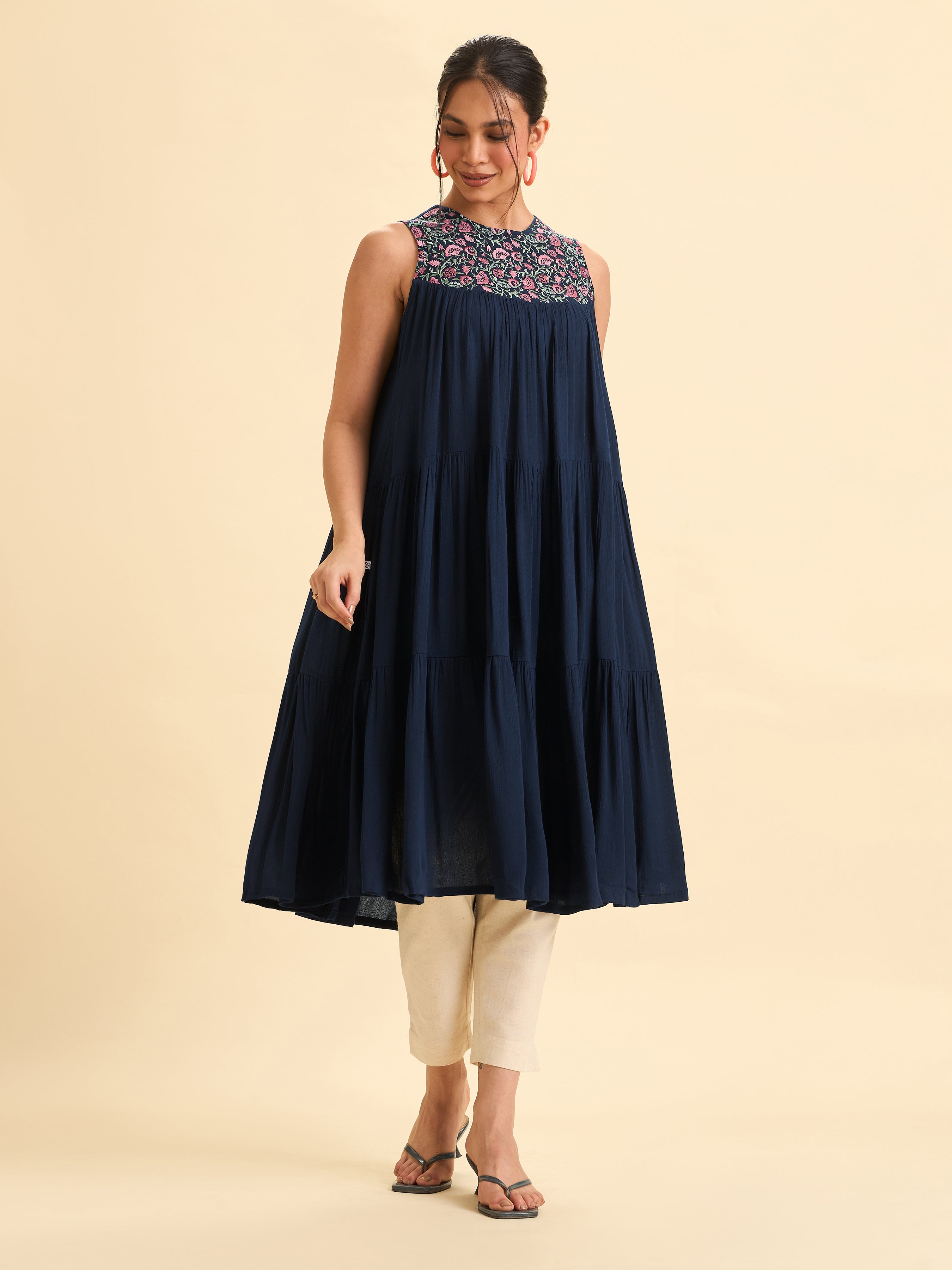Navy Blue Wrinkle Viscose Plain Flared Tiered Cut Kurti With Sequins Embroidery