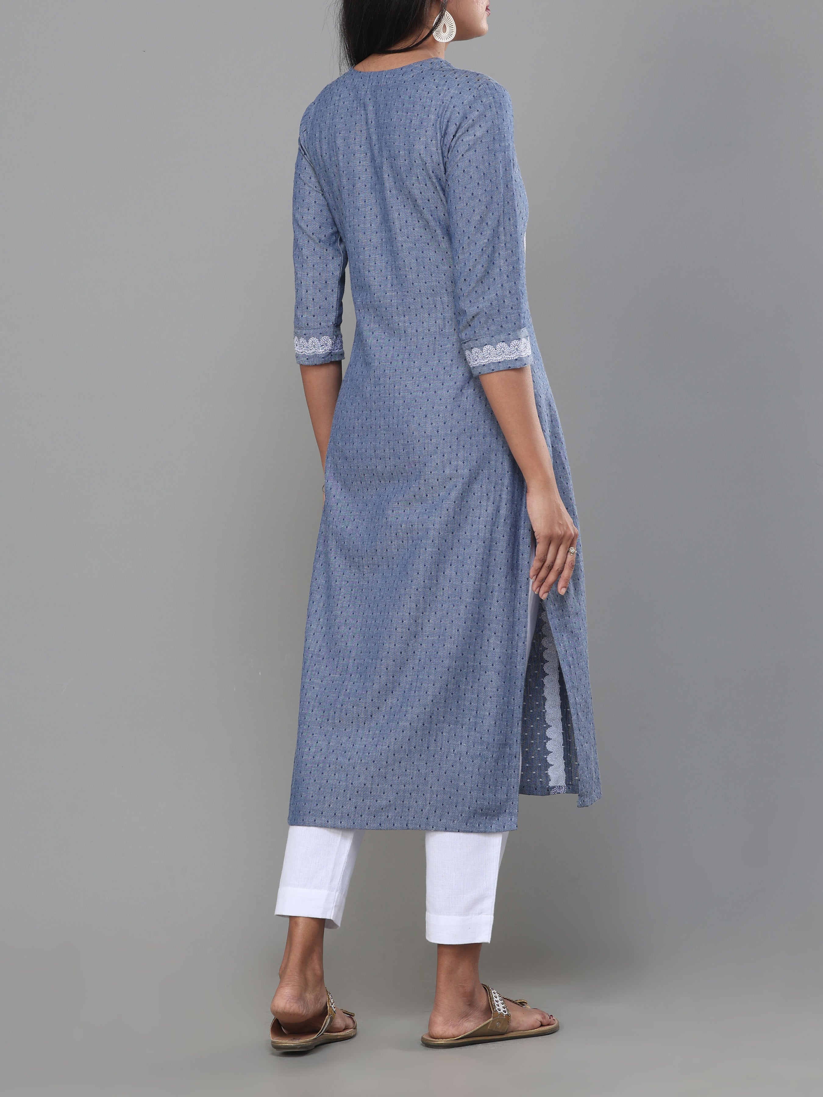 Denimblue Cotton Dobby Kurti With Embroidery