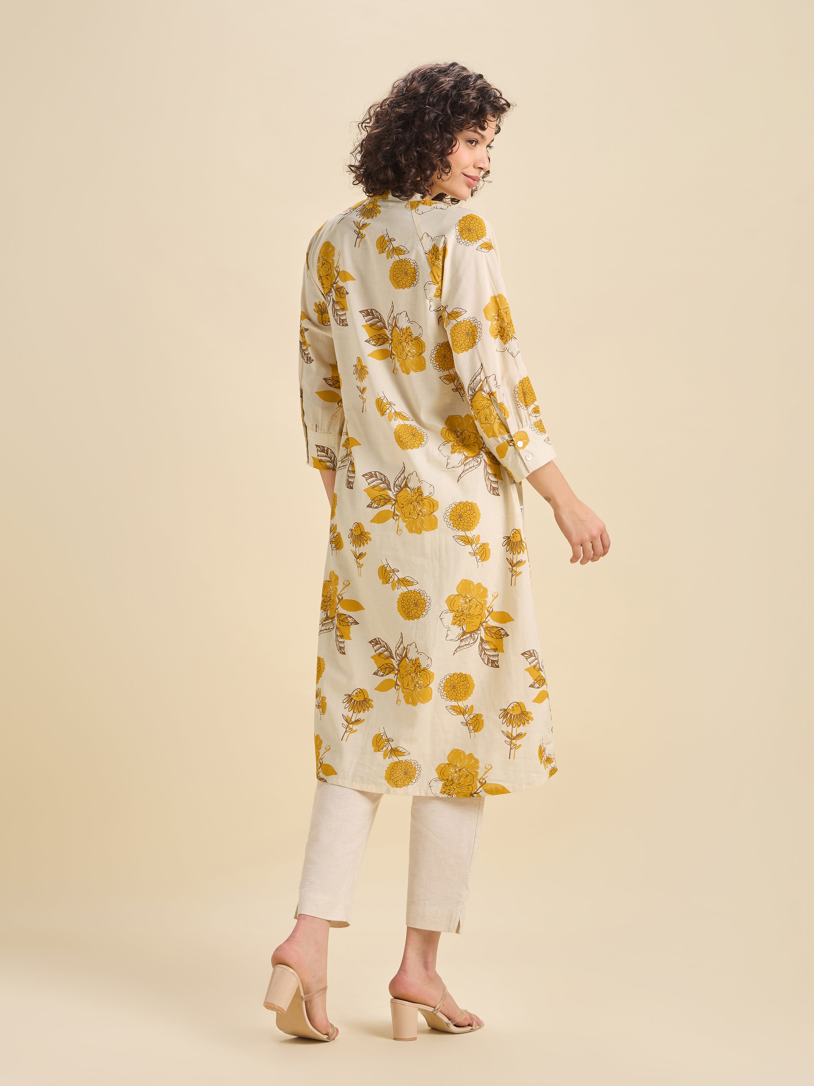 Ivory And Mustard Cotton Printed Kurti With Raglan Sleeve