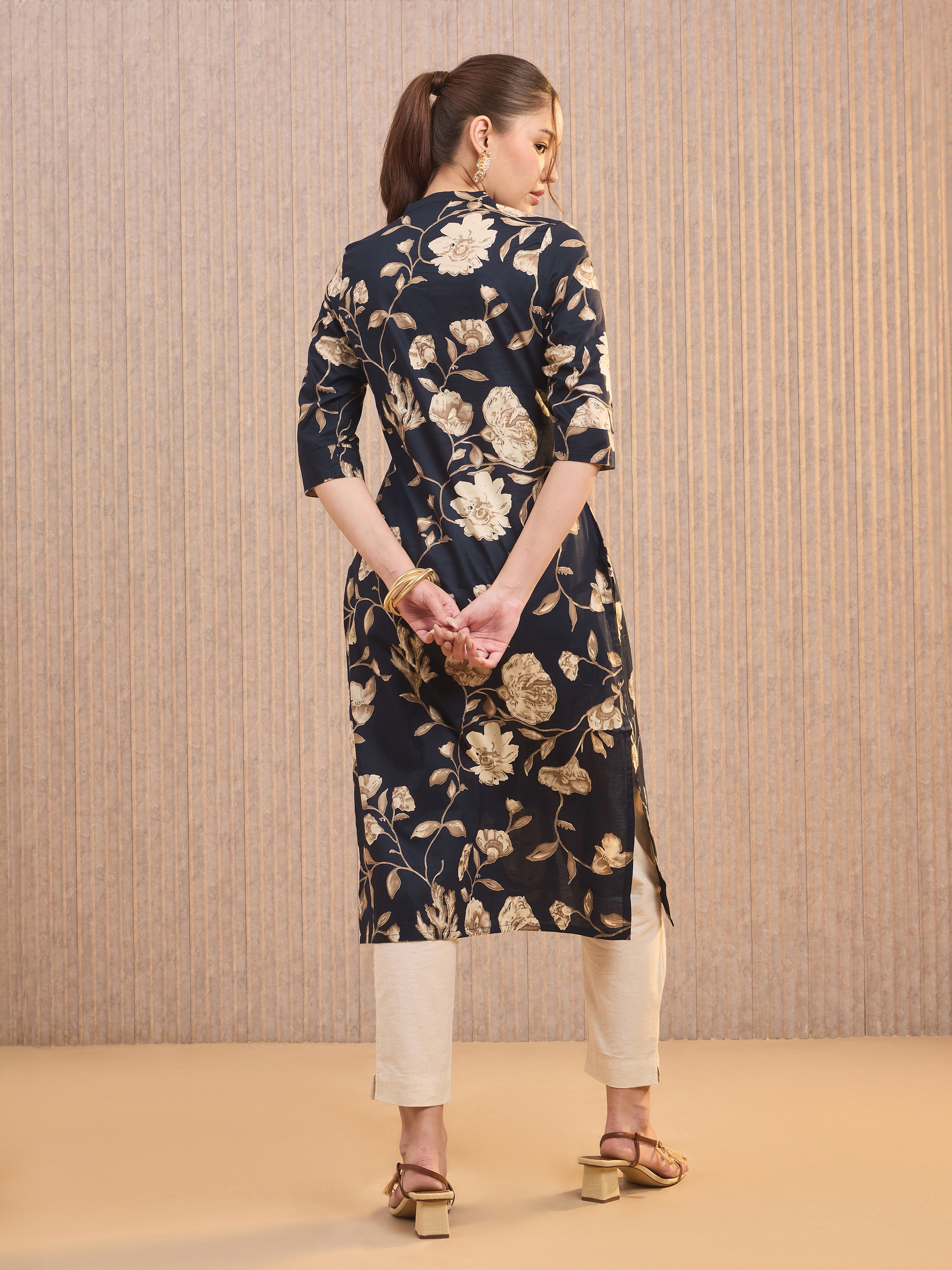 Navy Blue Pure Cotton Printed Kurti With Princess Cut