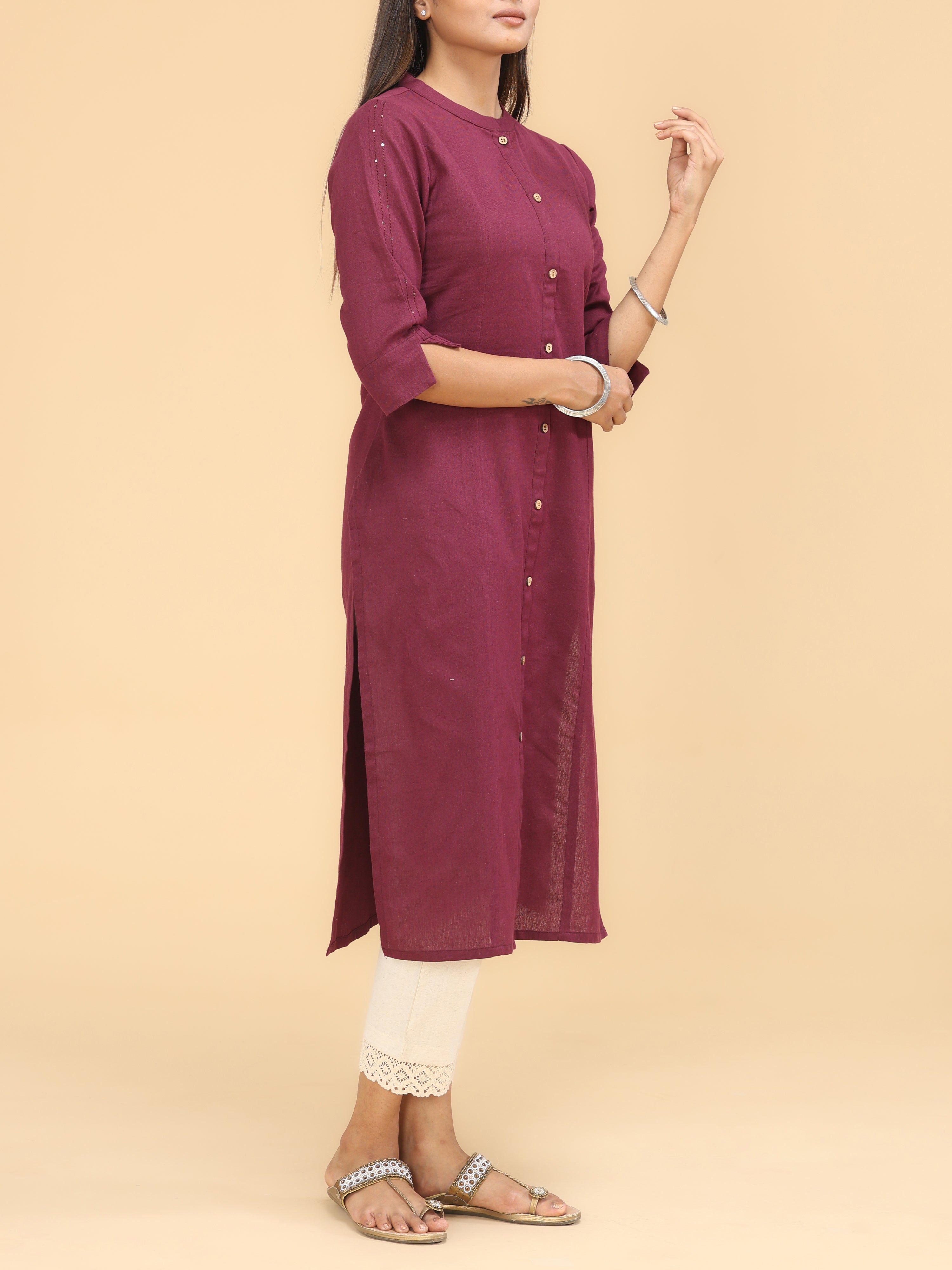 Claret Pink Cotton Kurti With Button Placket