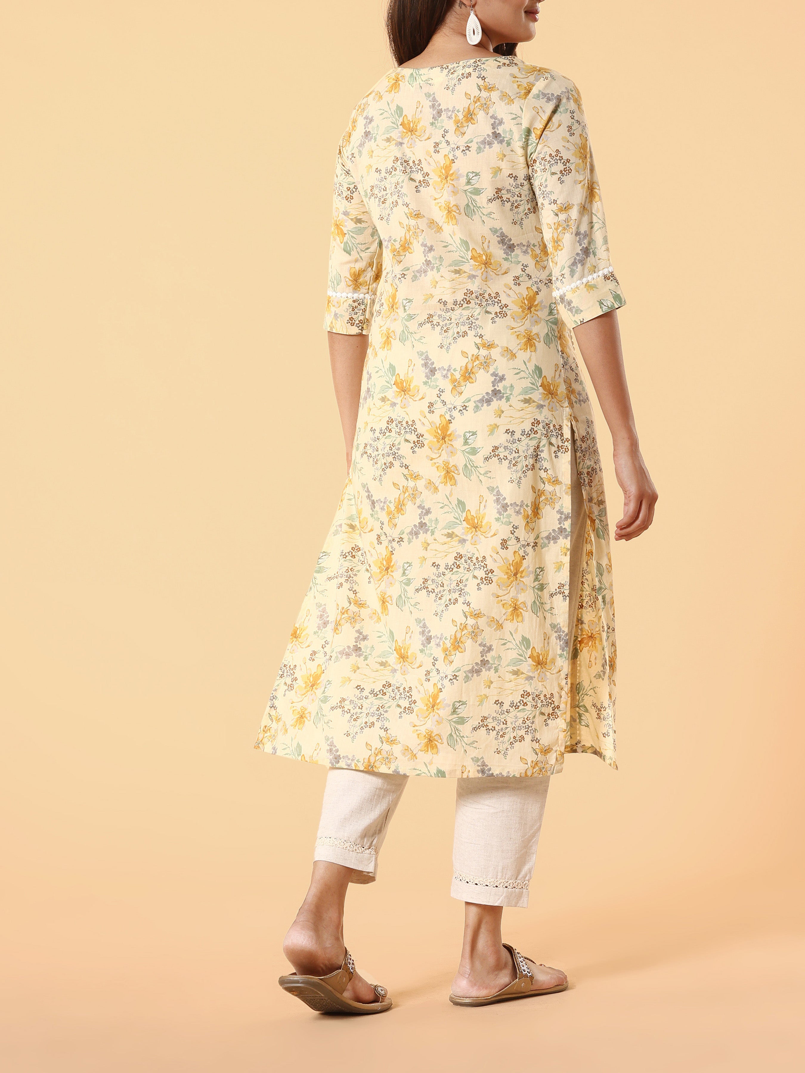 Yellow Pure Cotton Printed Kurti With Lace Detailing