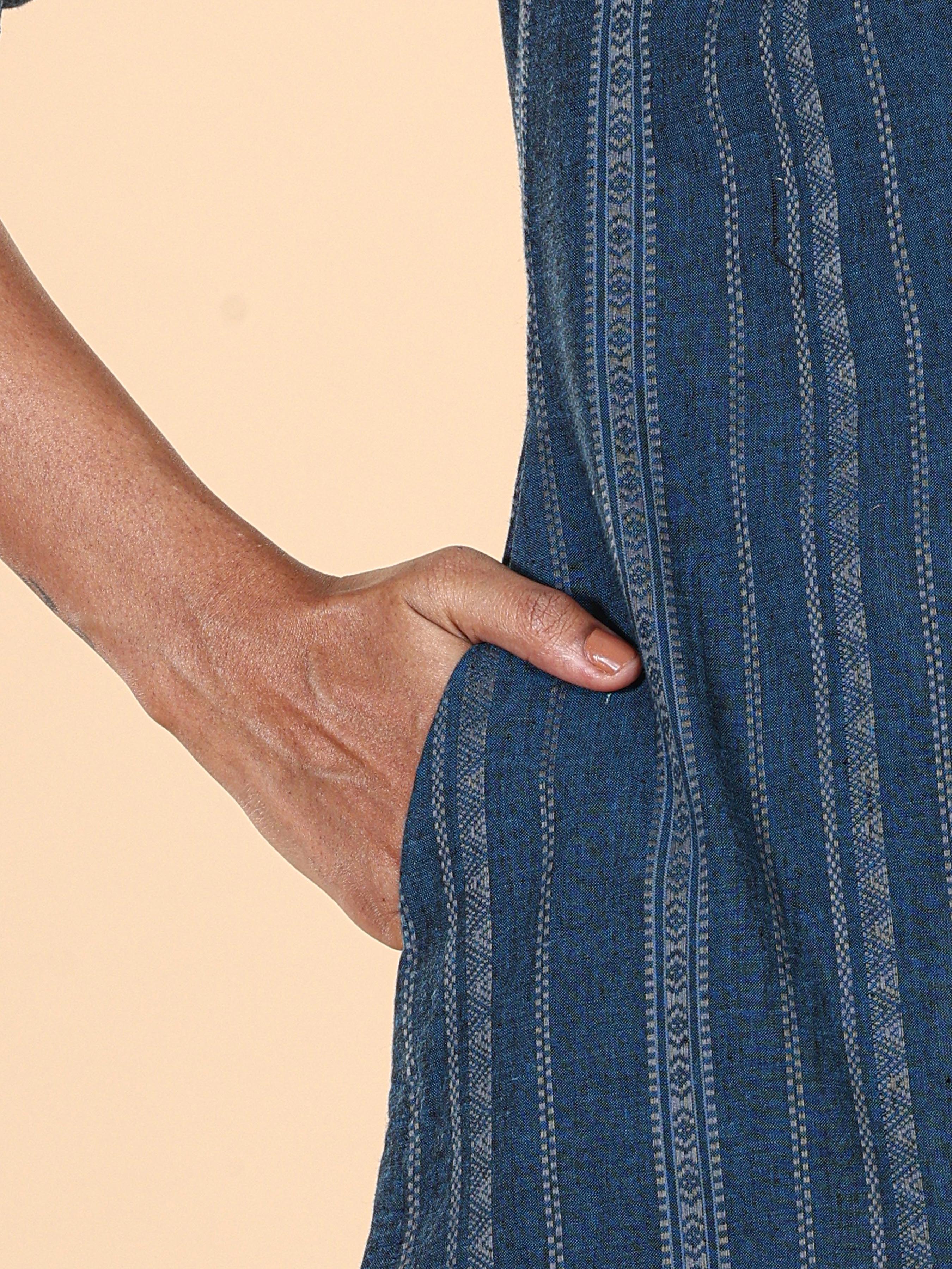 Denim Blue Cotton Dobby Kurti With Embroidery