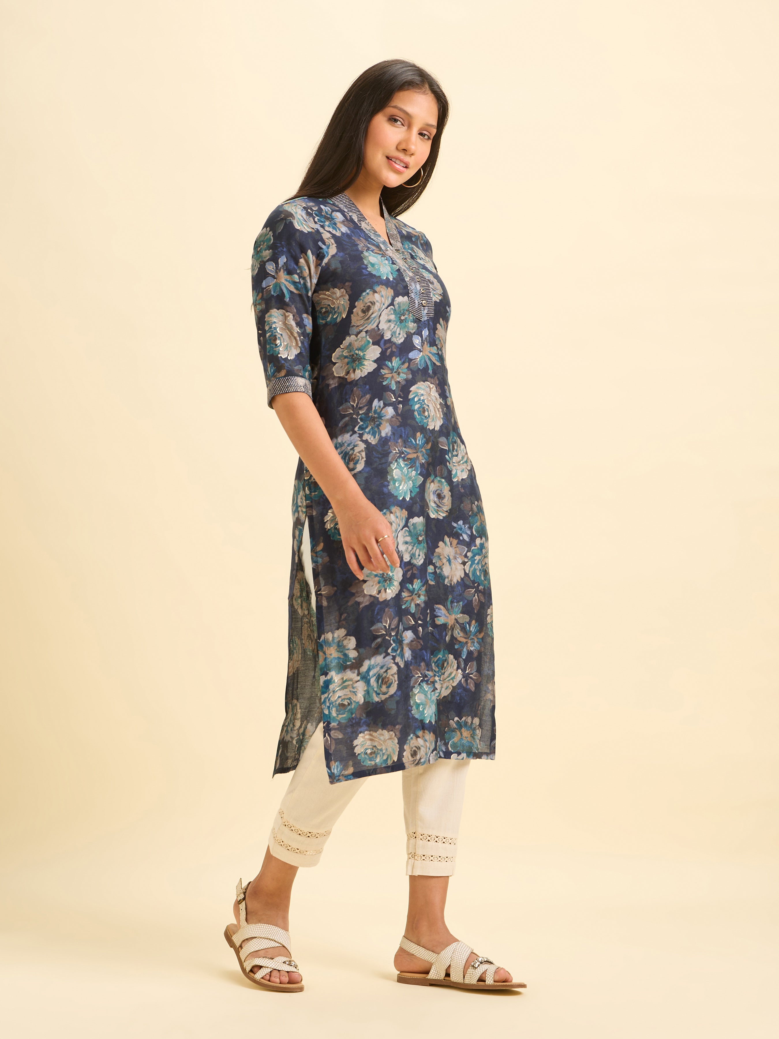 Navy Blue Modal Chanderi Printed Slited Kurti With Embroidery