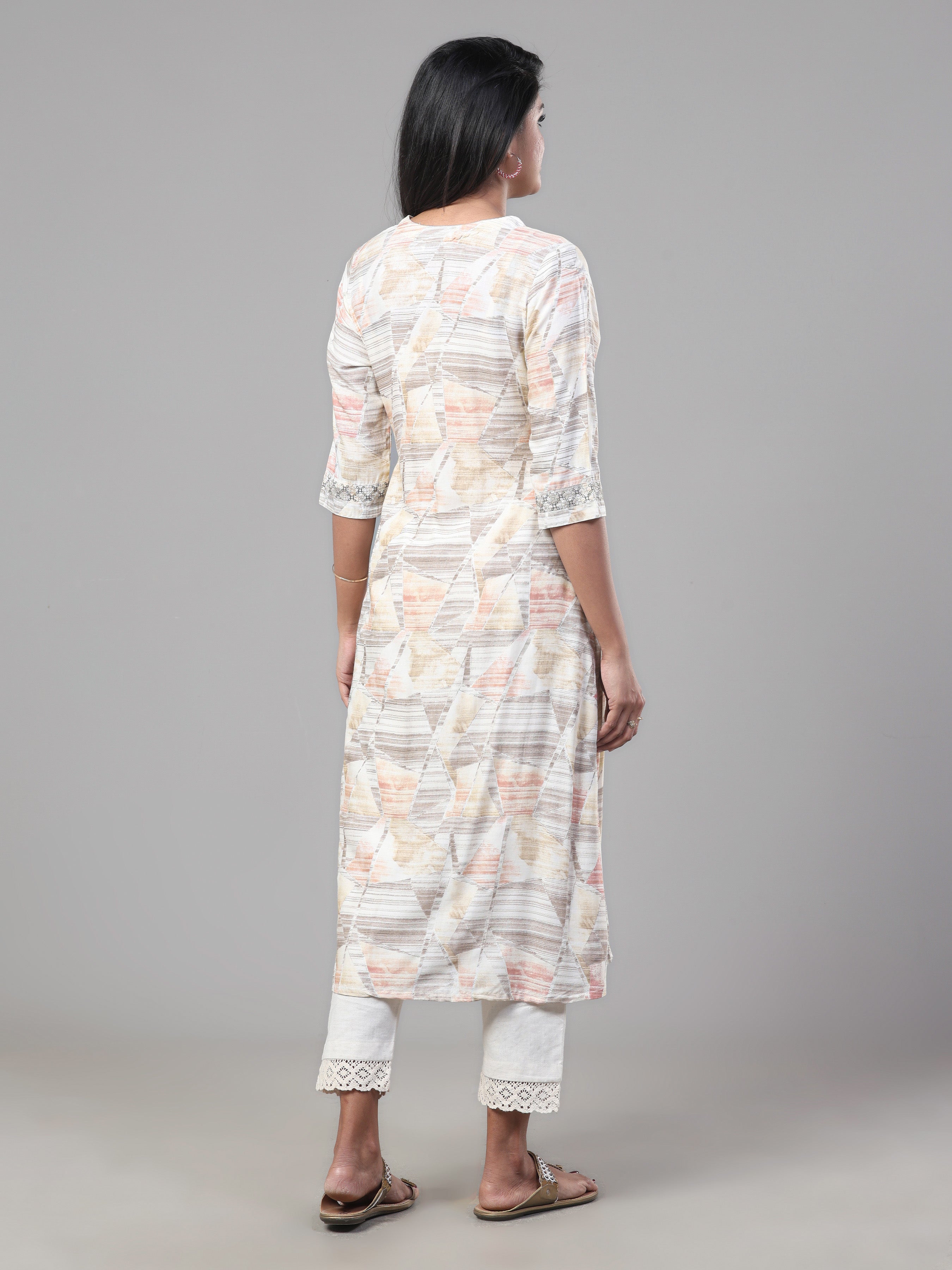 Ivory And Grey Modal Silk Printed Kurti With Embroidery