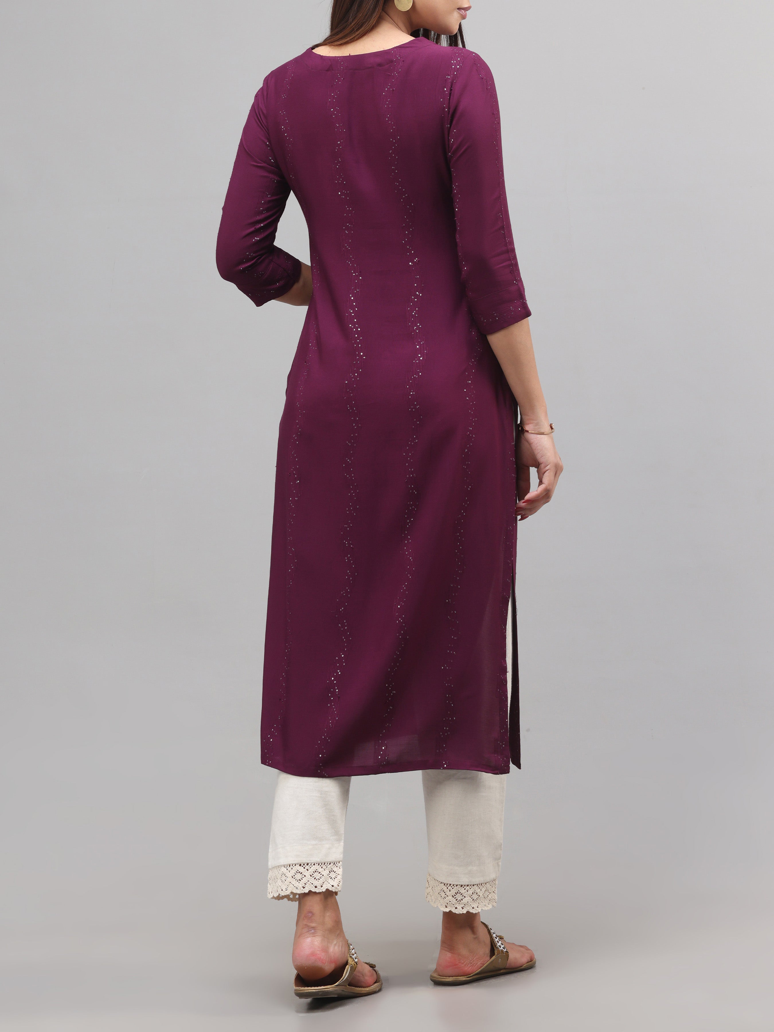 Wine-Red Viscose Dobby Plain Kurti With Sequins Work
