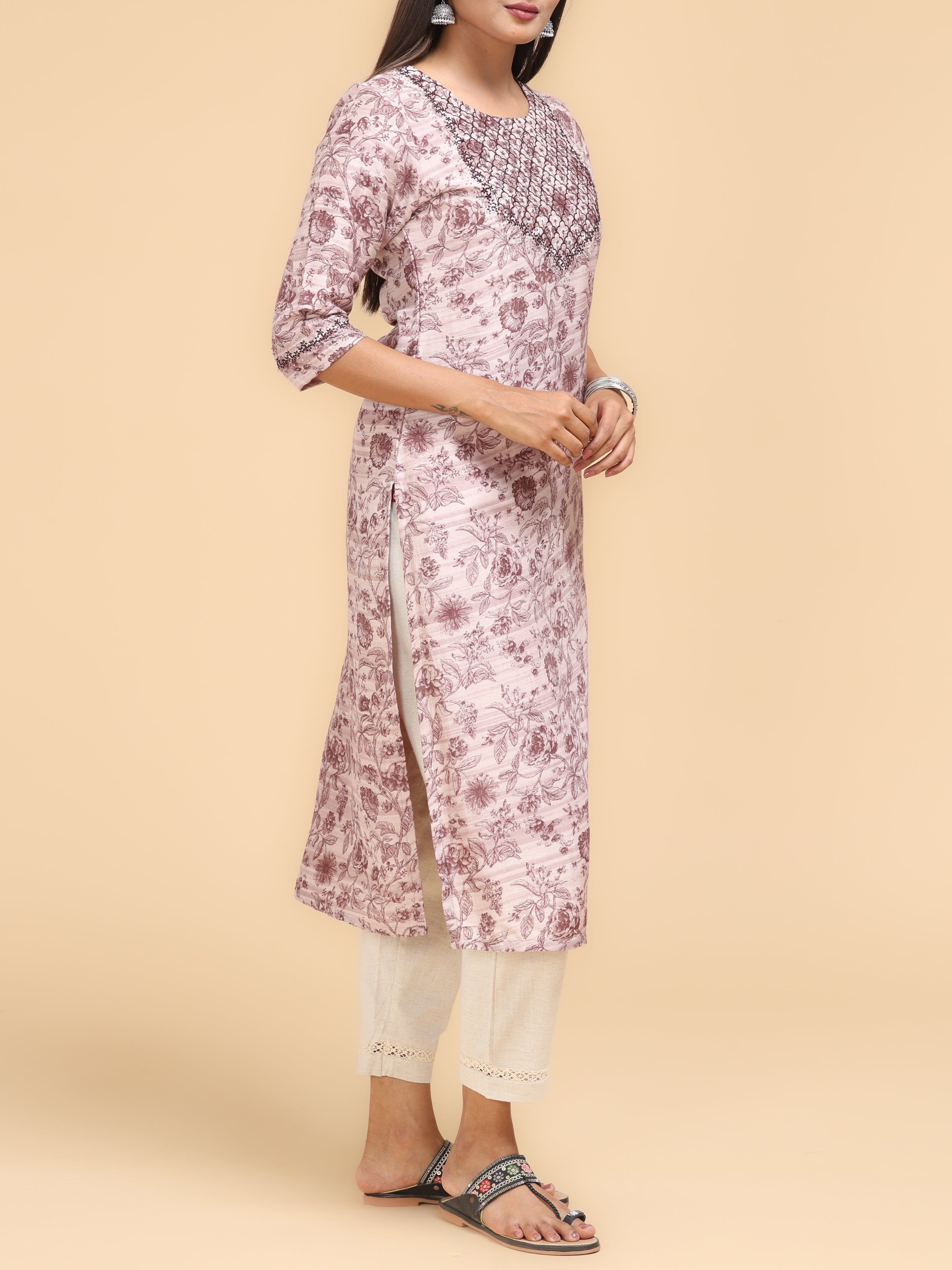 Brown Viscose Linen Printed Kurti With Embroidery