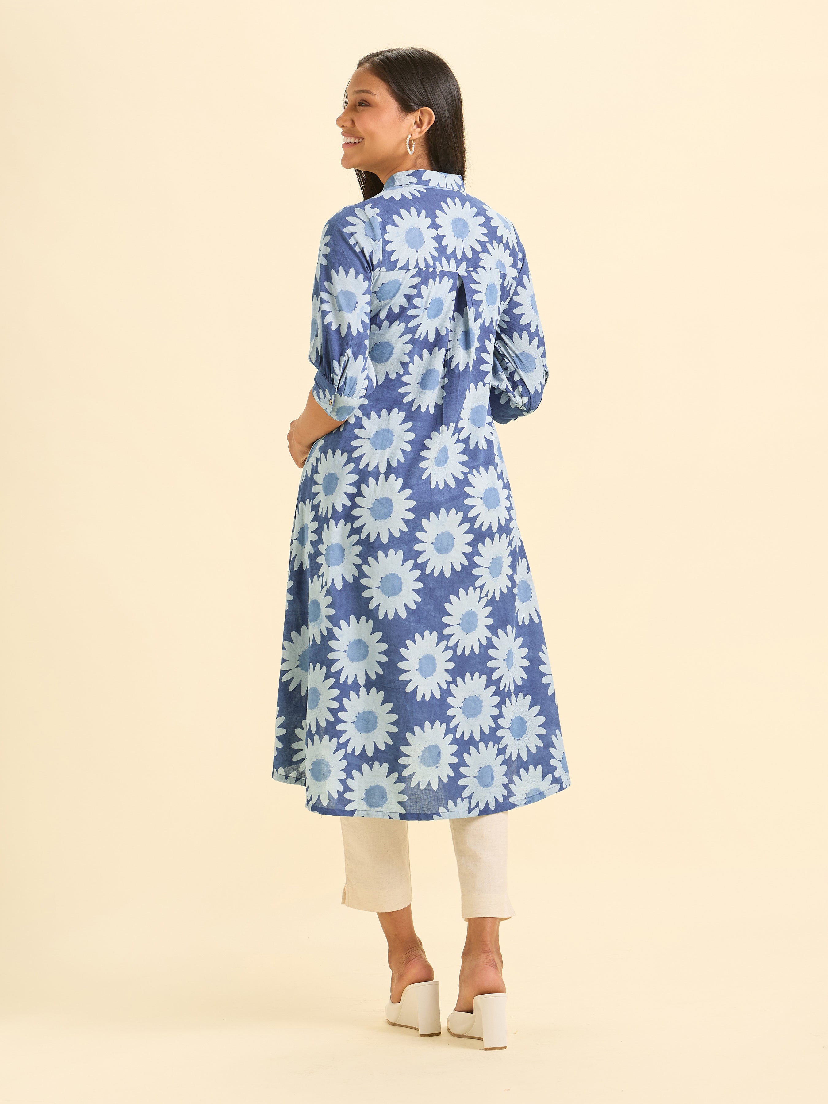 Indigo Blue Cotton Printed Flared Kurti With Curved Hem