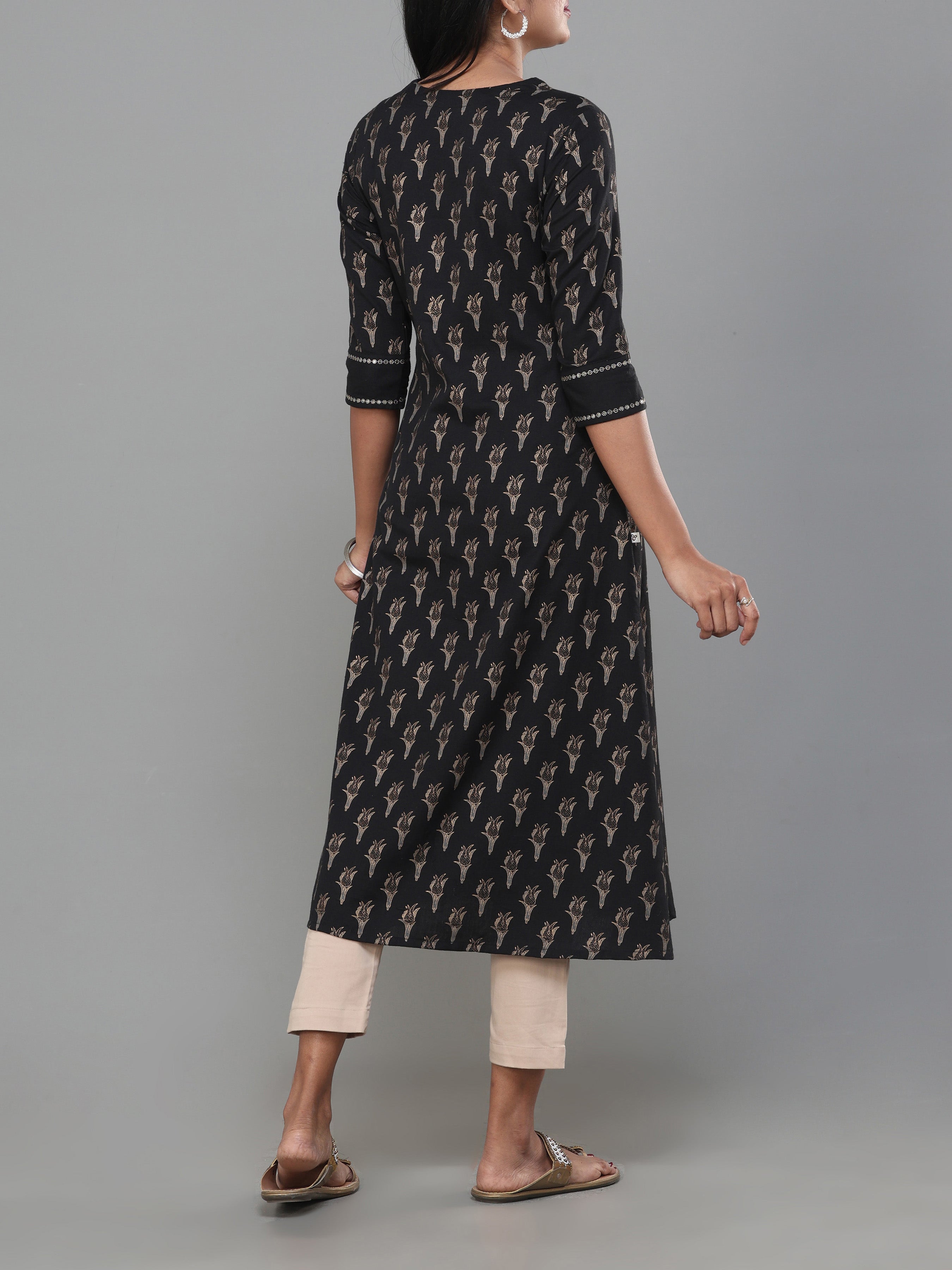 Black Cotton Flax Printed Kurti With Embroidery