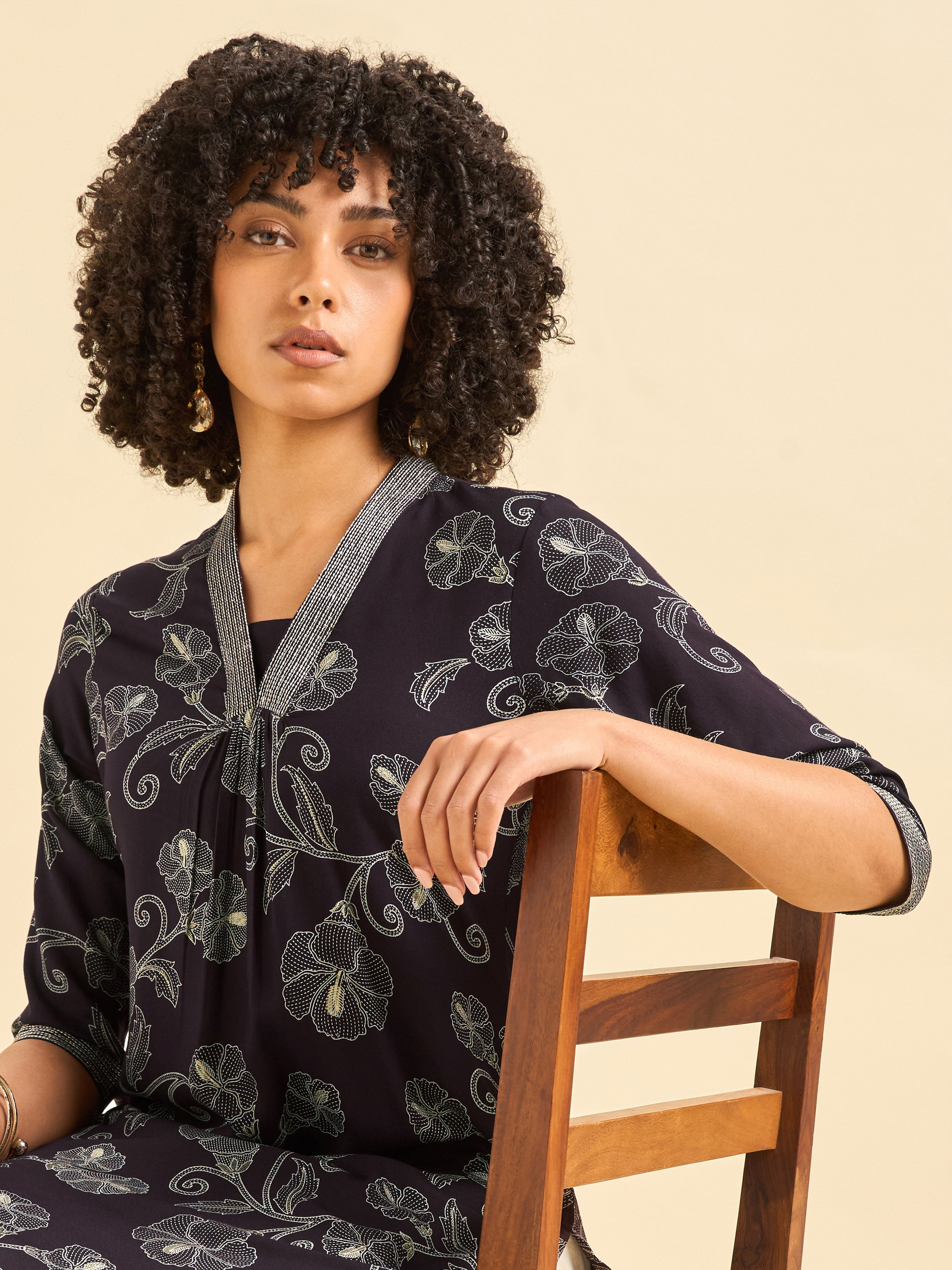 Dark Wine Red Viscose Slit Printed Kurti With Embroidery