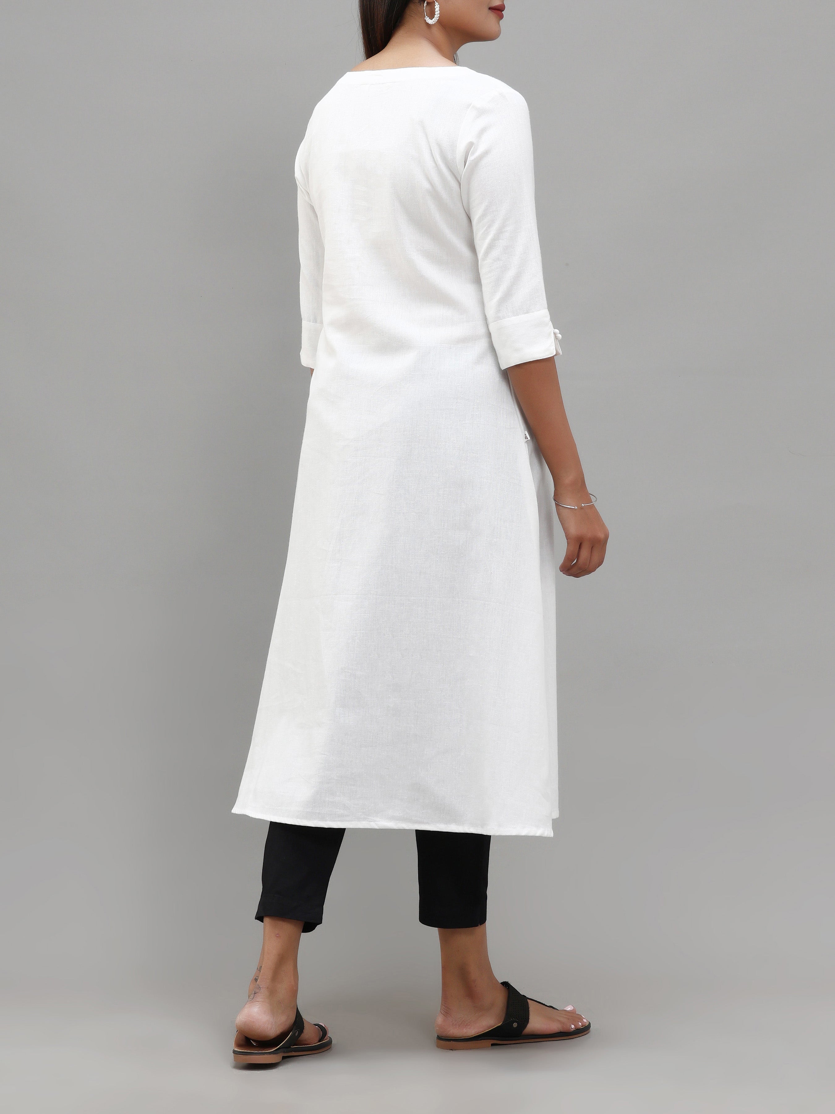 White Cotton Flax Printed Kurti With Center Cut