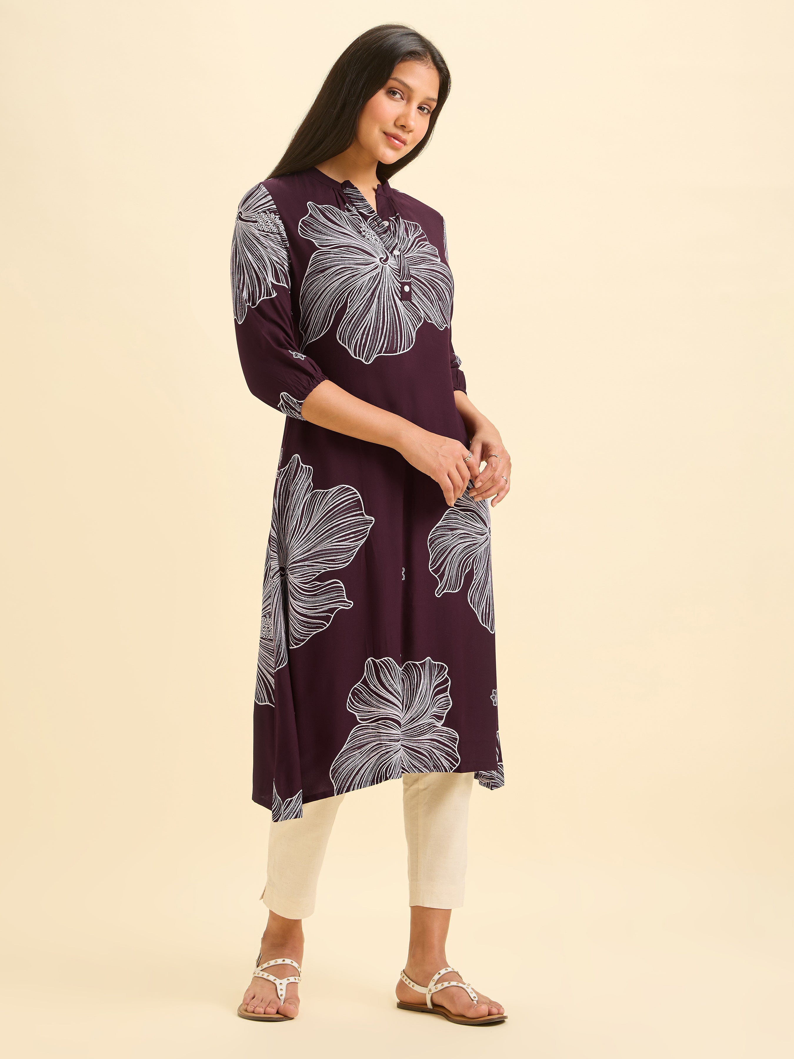 Wine Red And White Viscose Printed Flared Kurti