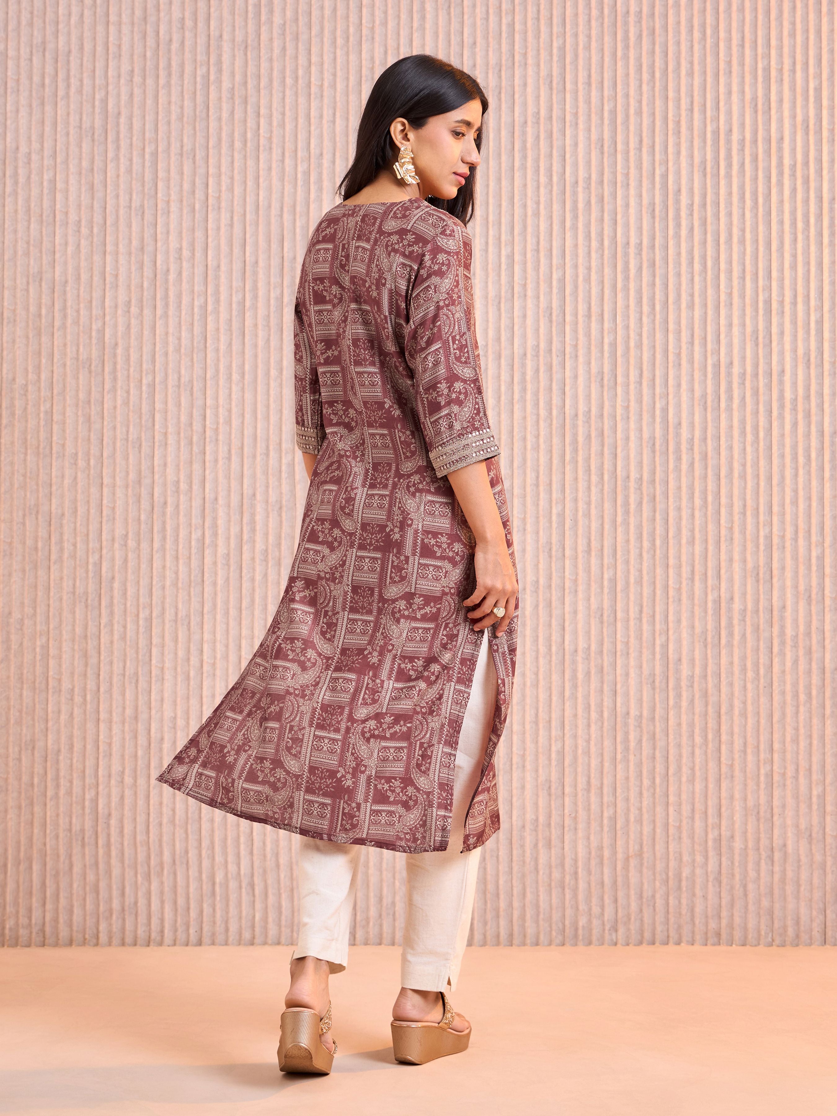 Meroon Modal Chanderi Kurti With Sequins Work