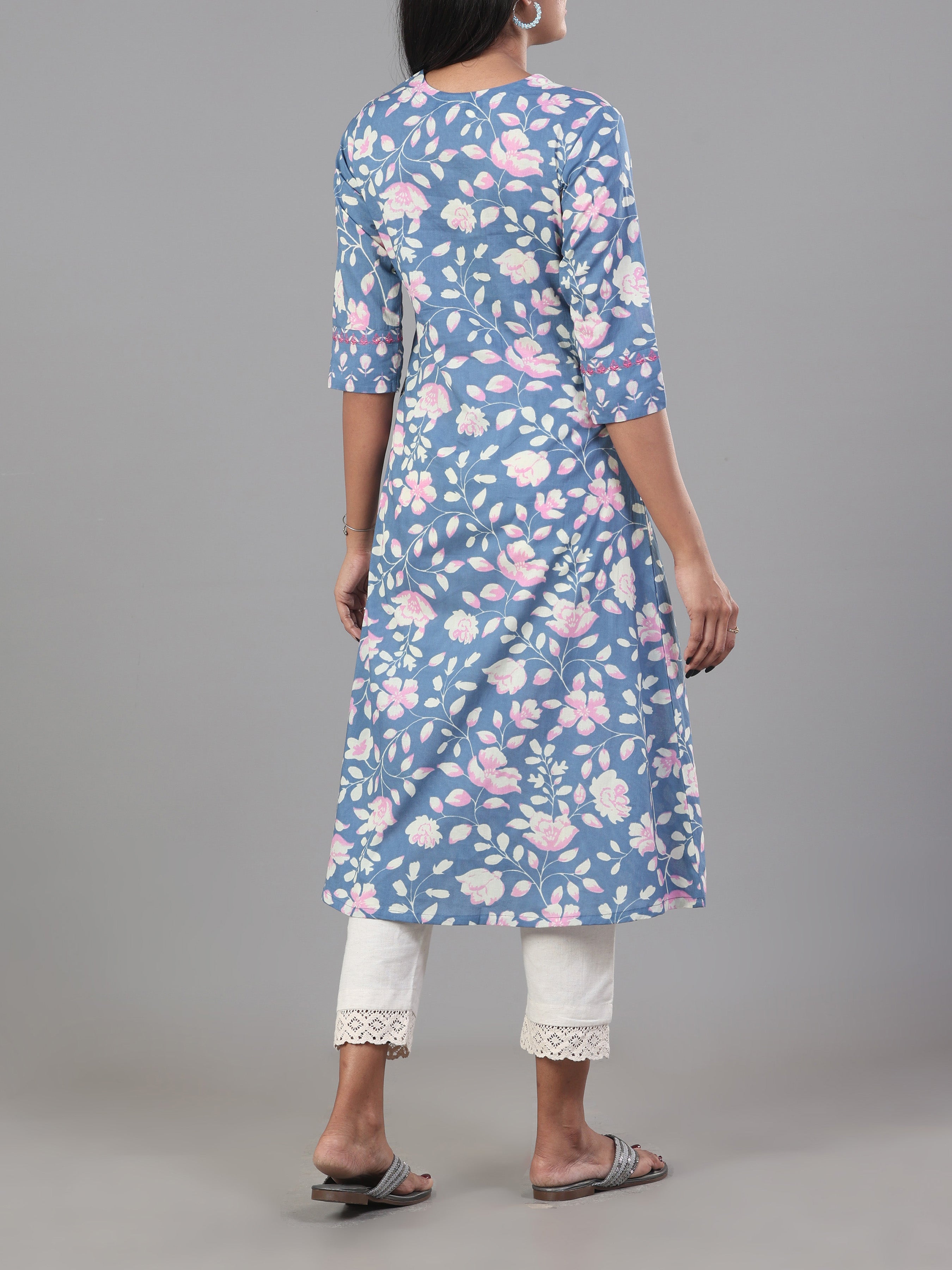 Denim Blue Pure Cotton Printed Kurti With Embroidery