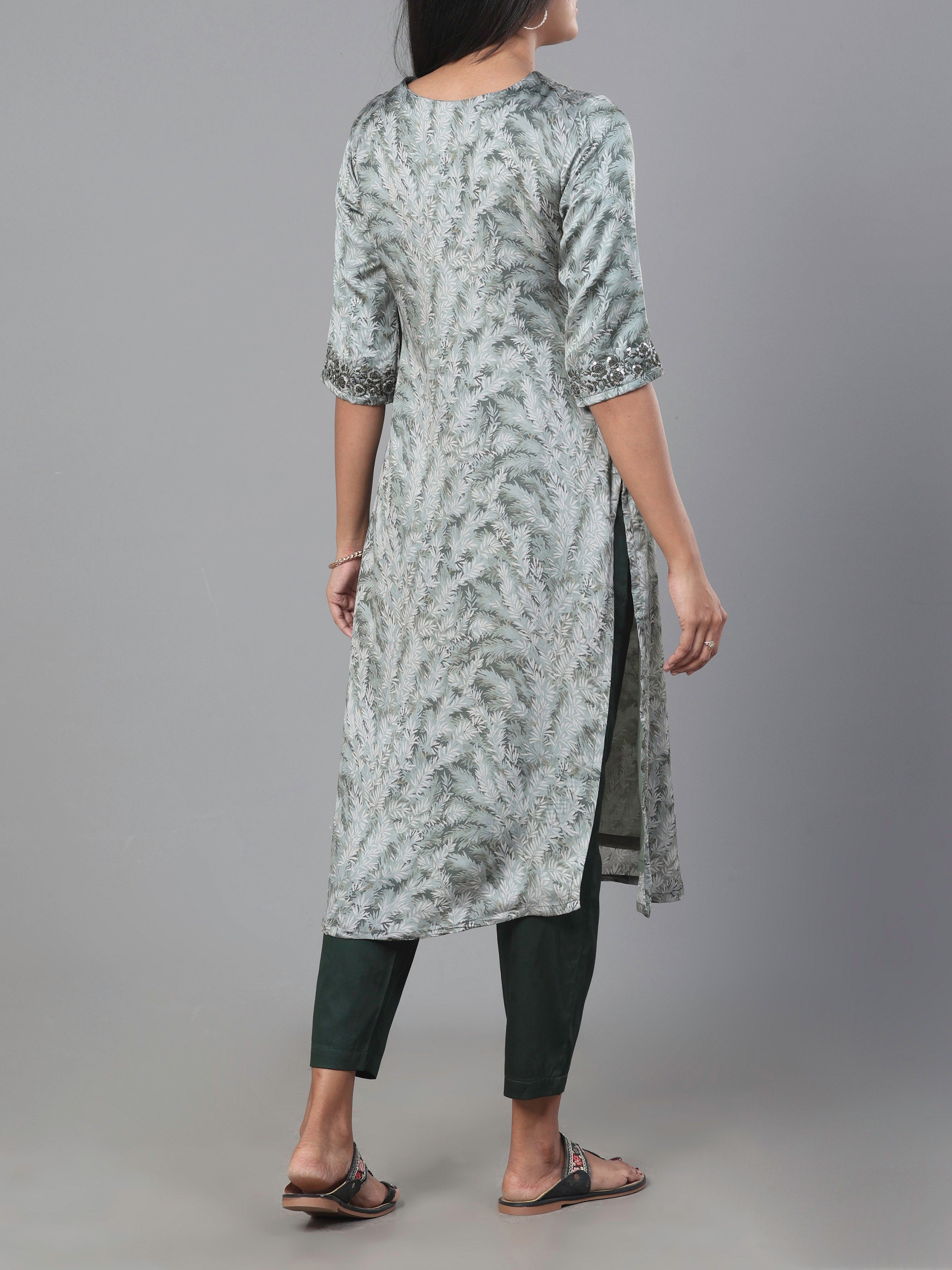 Sage Green Organza Satin Kurti With Embroidery And Matching Bottom