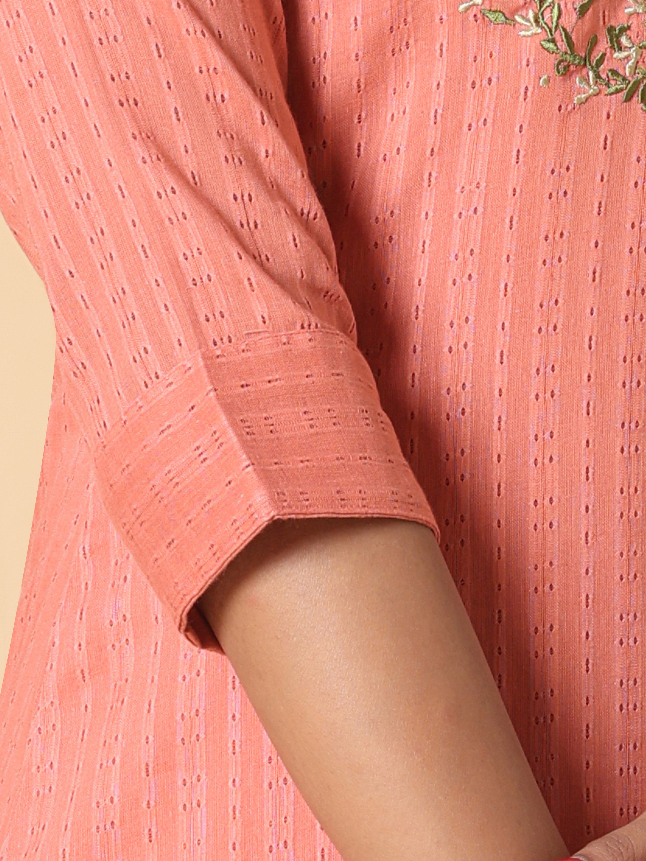 Brick Red Cotton Dobby Kurti With Embroidery