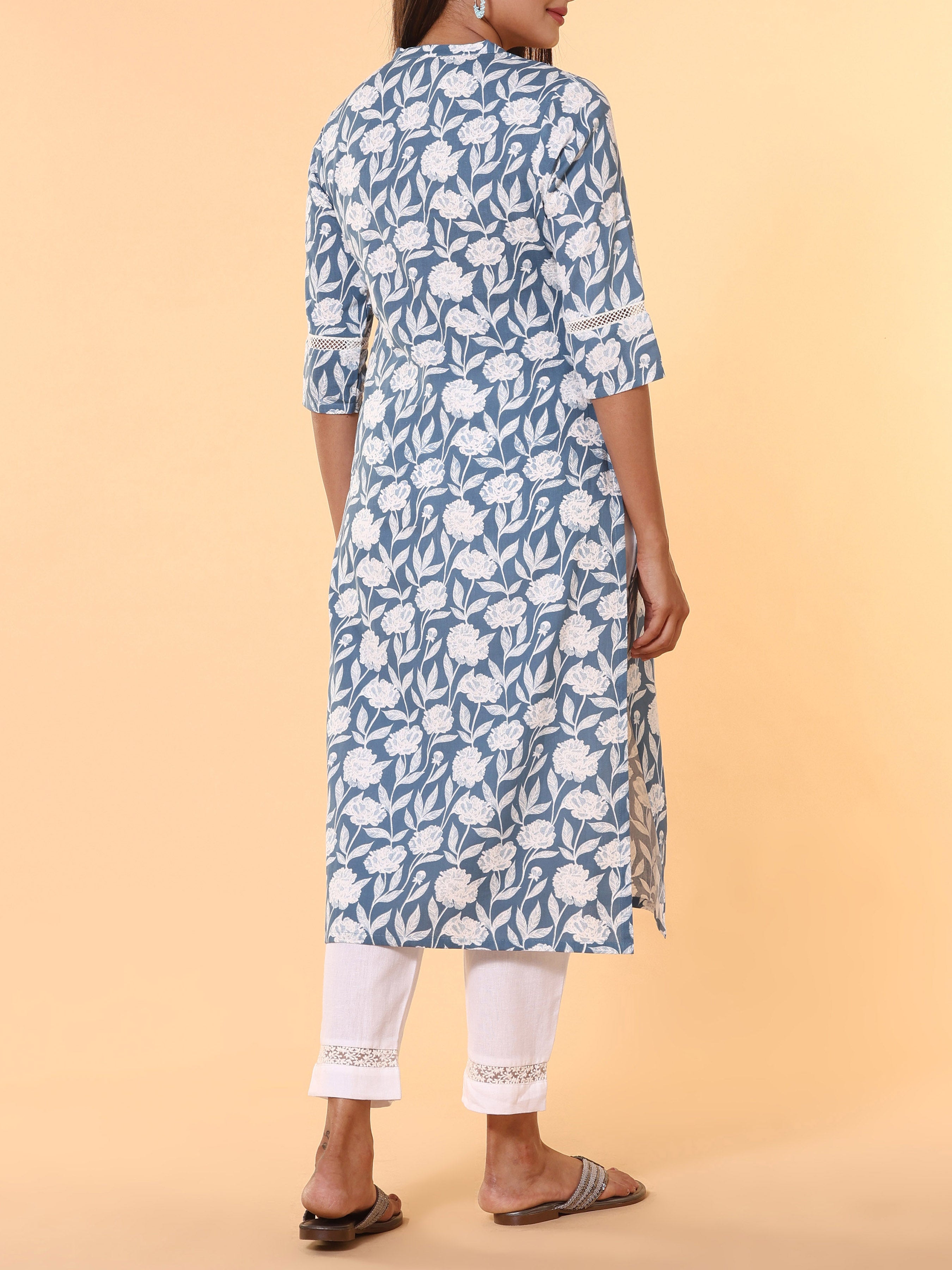 Denim Blue Cotton Flax Printed Kurti With Lace Detailing