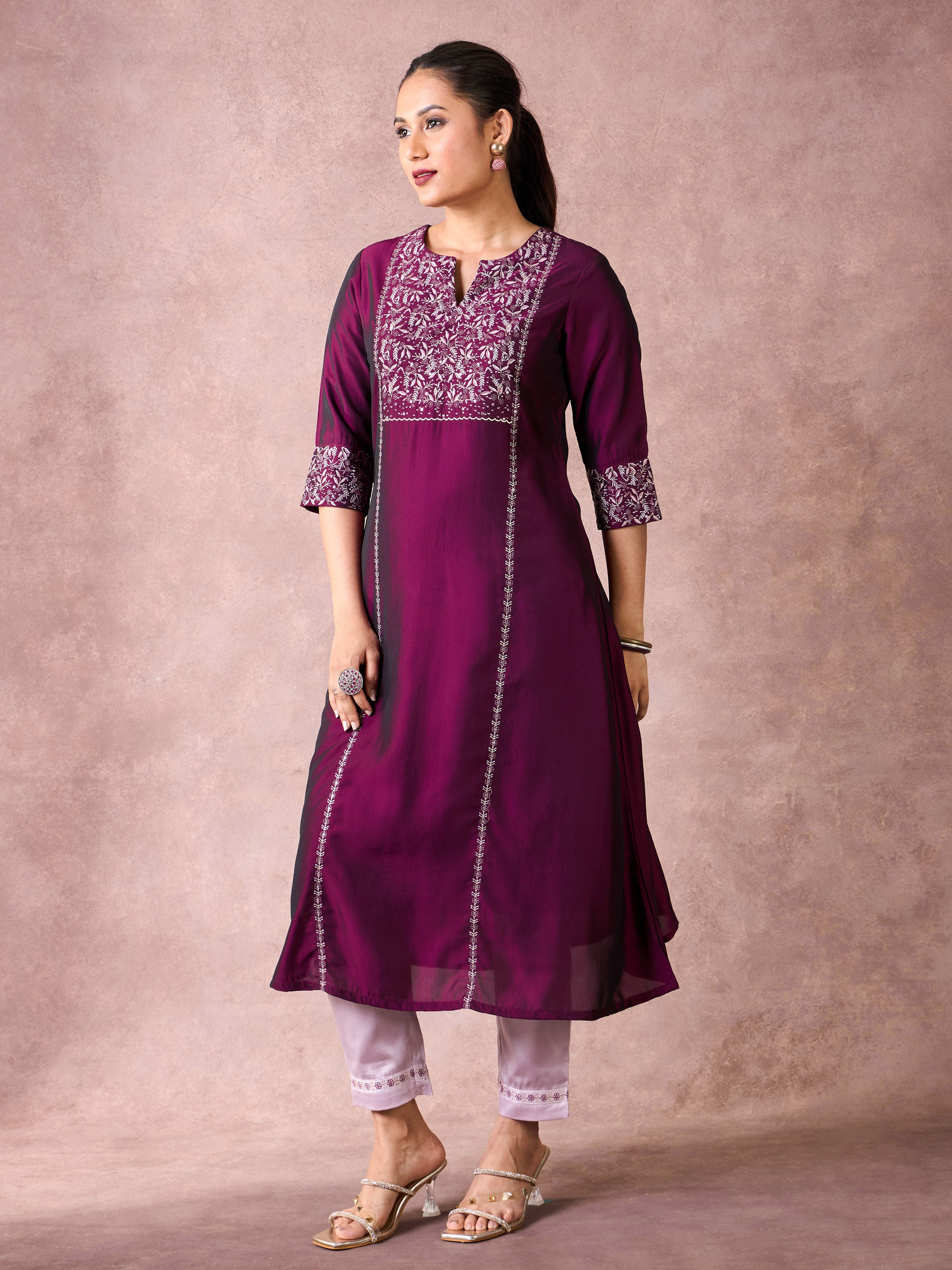 Magenta Viscose Plain Kurti & Bottom With Sequins Embrodiery