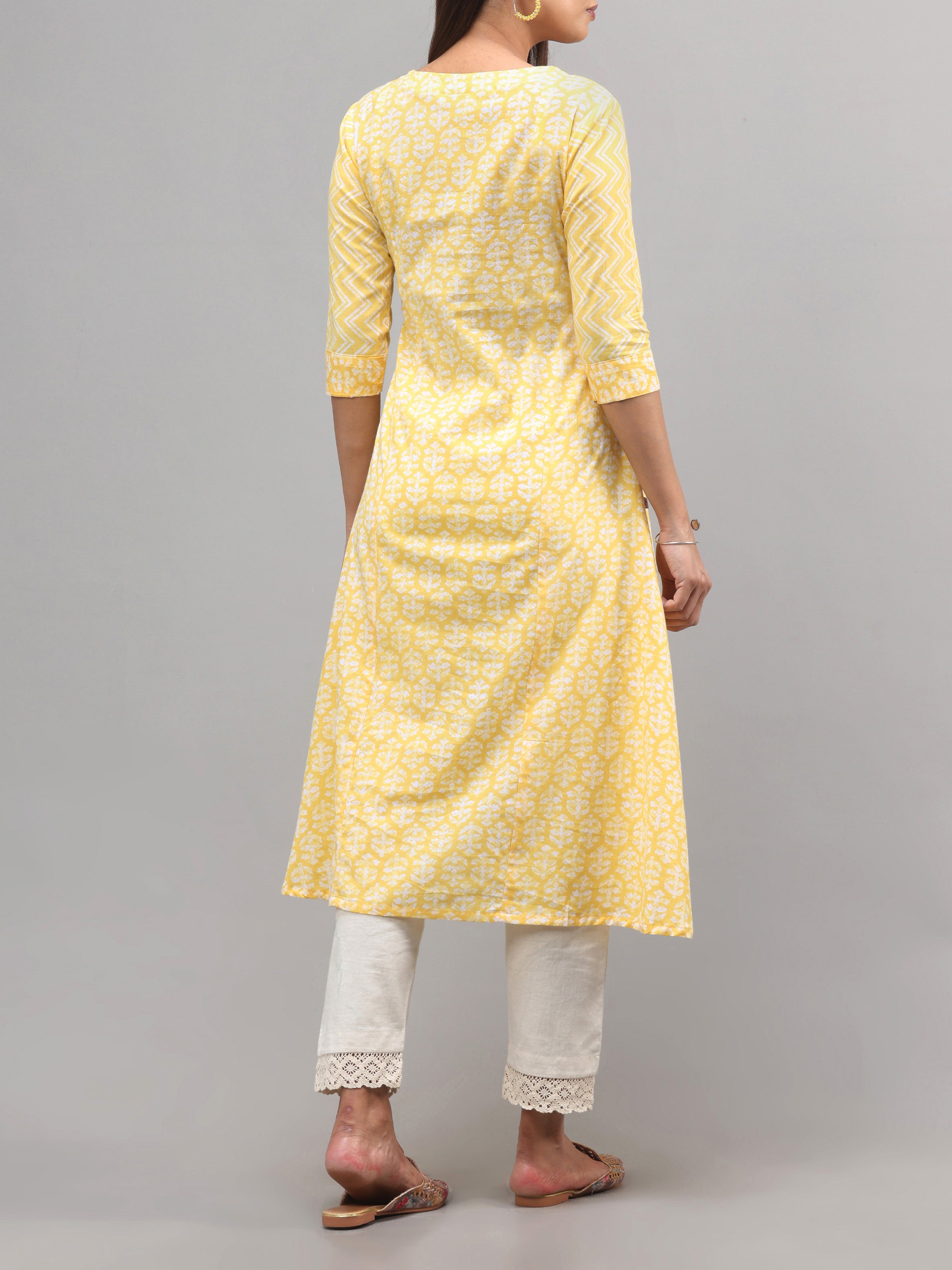 Yellow Pure Cotton Printed Kurti With Embroidery
