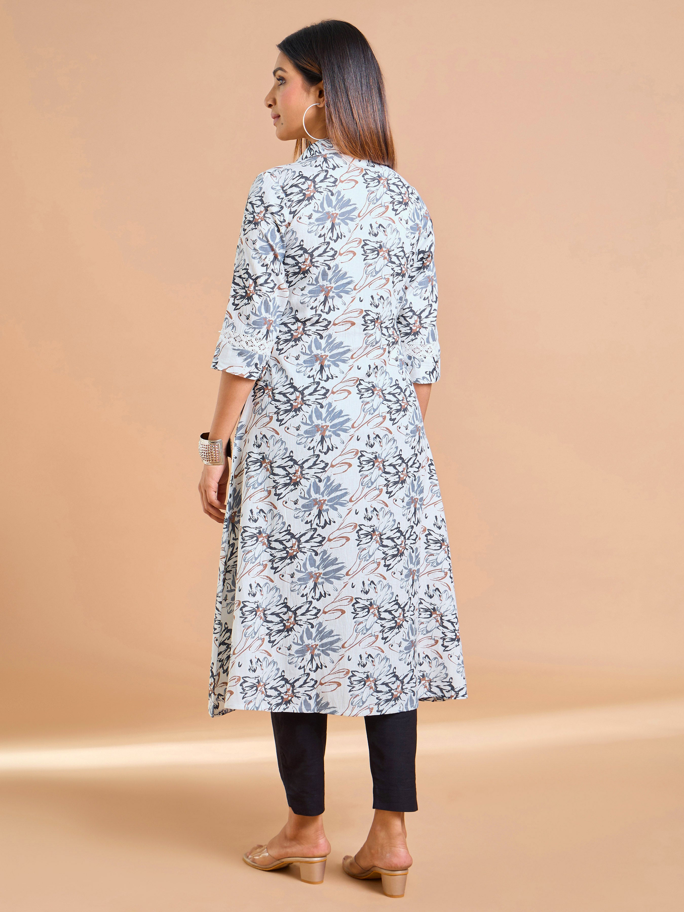 Black And White Cotton Flax Printed Kurti