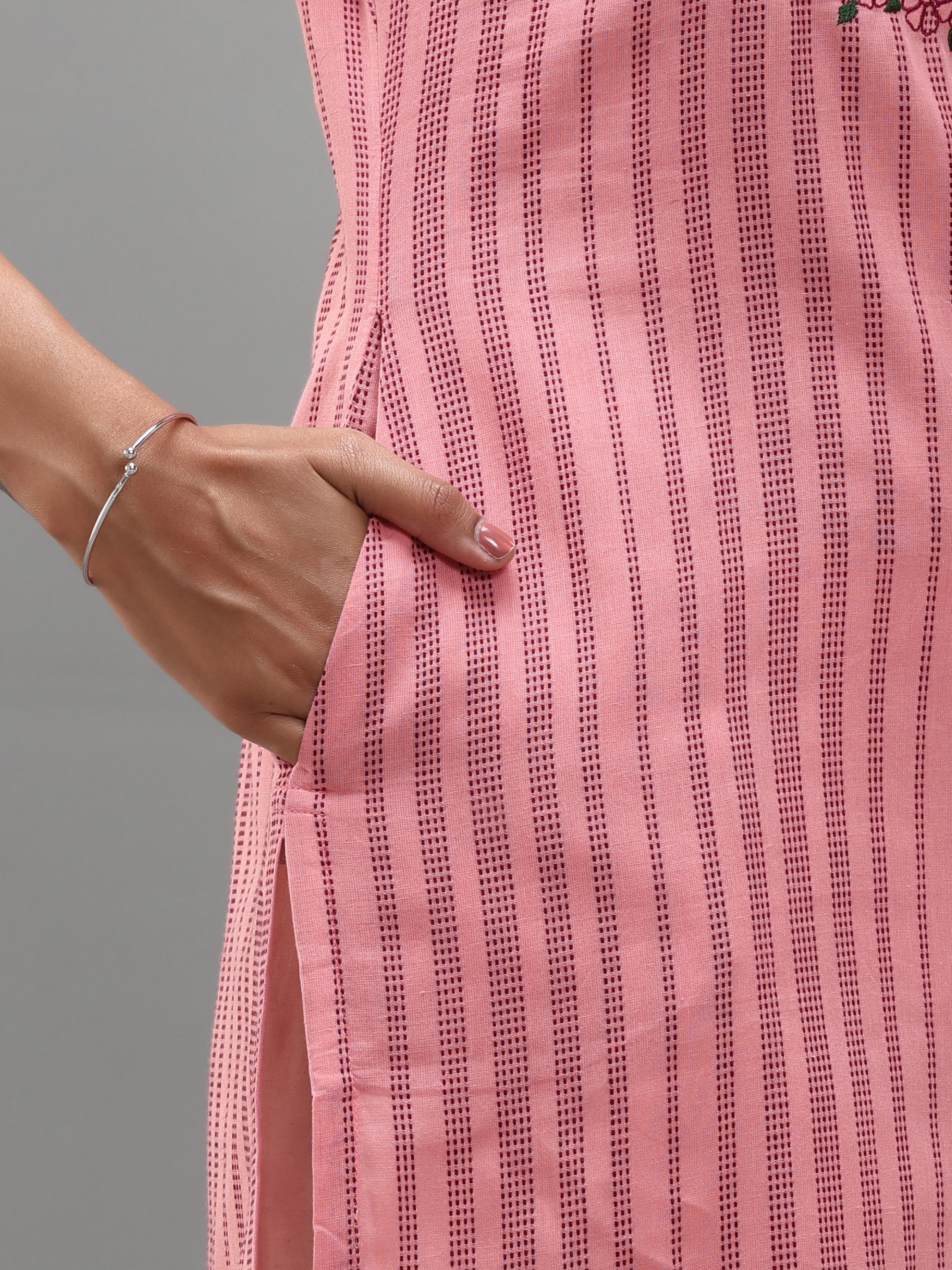 Pink Cotton Dobby Kurti With Embroidery