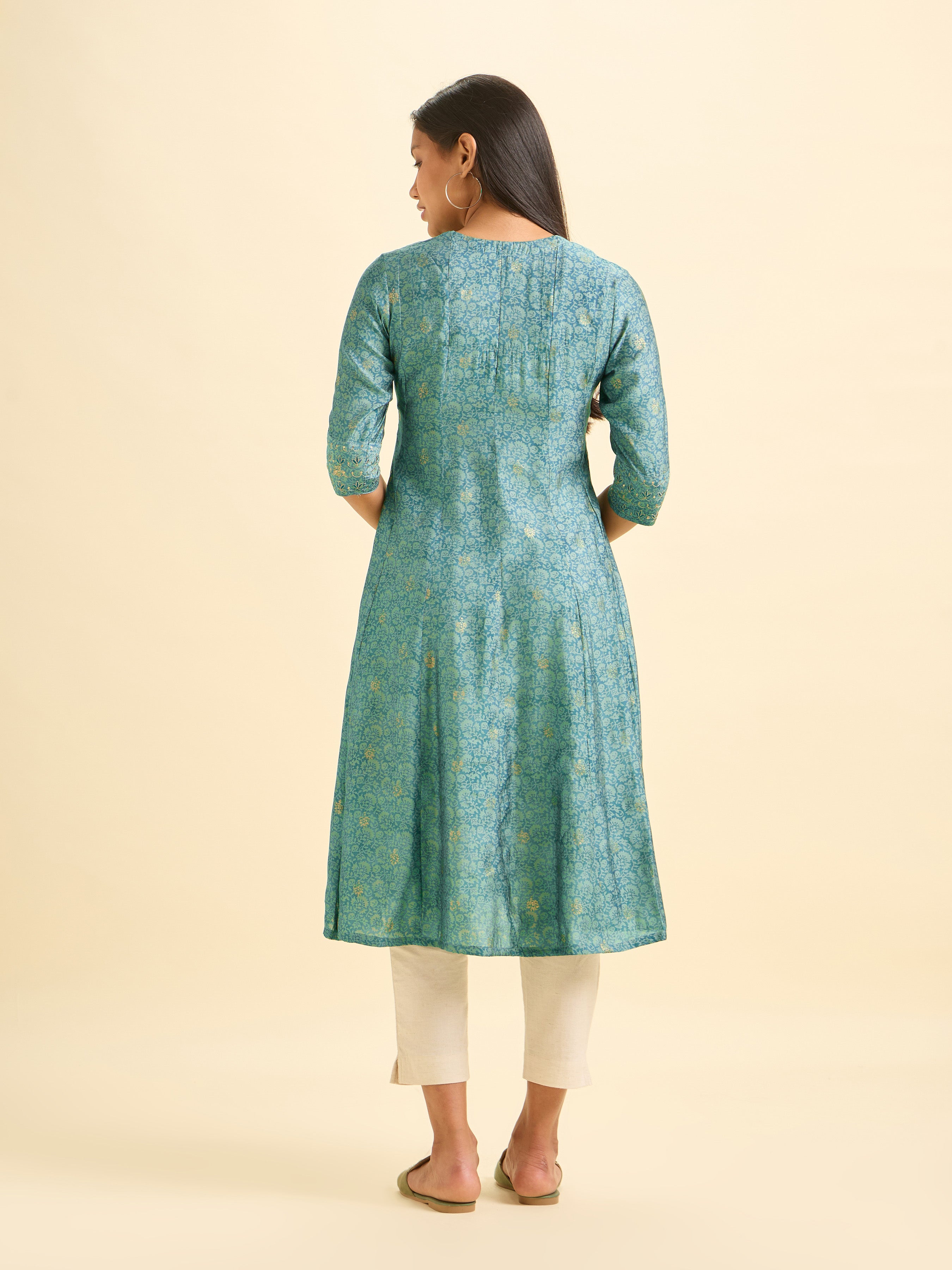 Teal Blue Modal Chanderi Printed Kalicut Kurti With Embroidery And Sequins Work