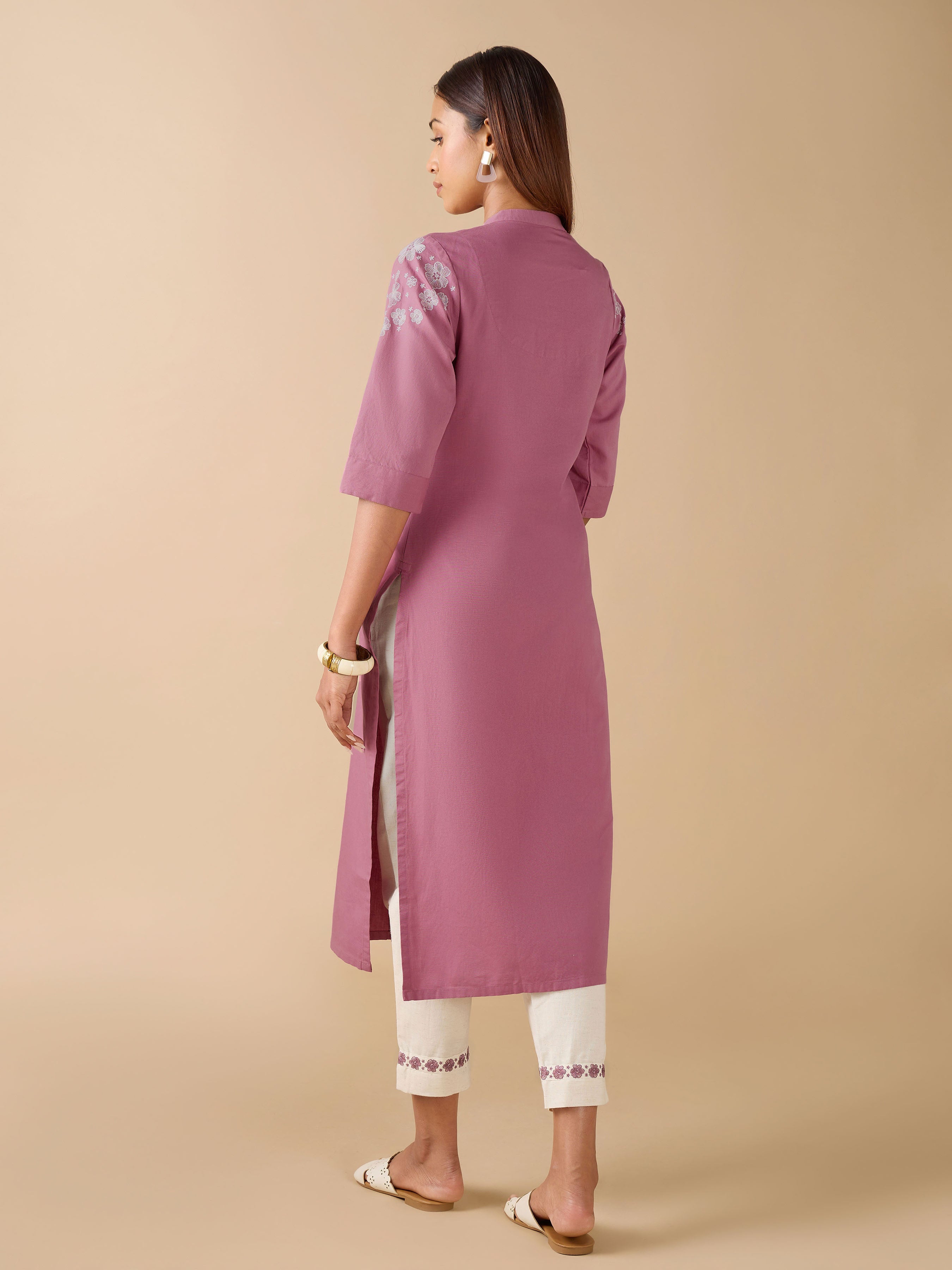 Onion Pink Cotton Linen Plain Kurti With Embroidery And Matching Bottom