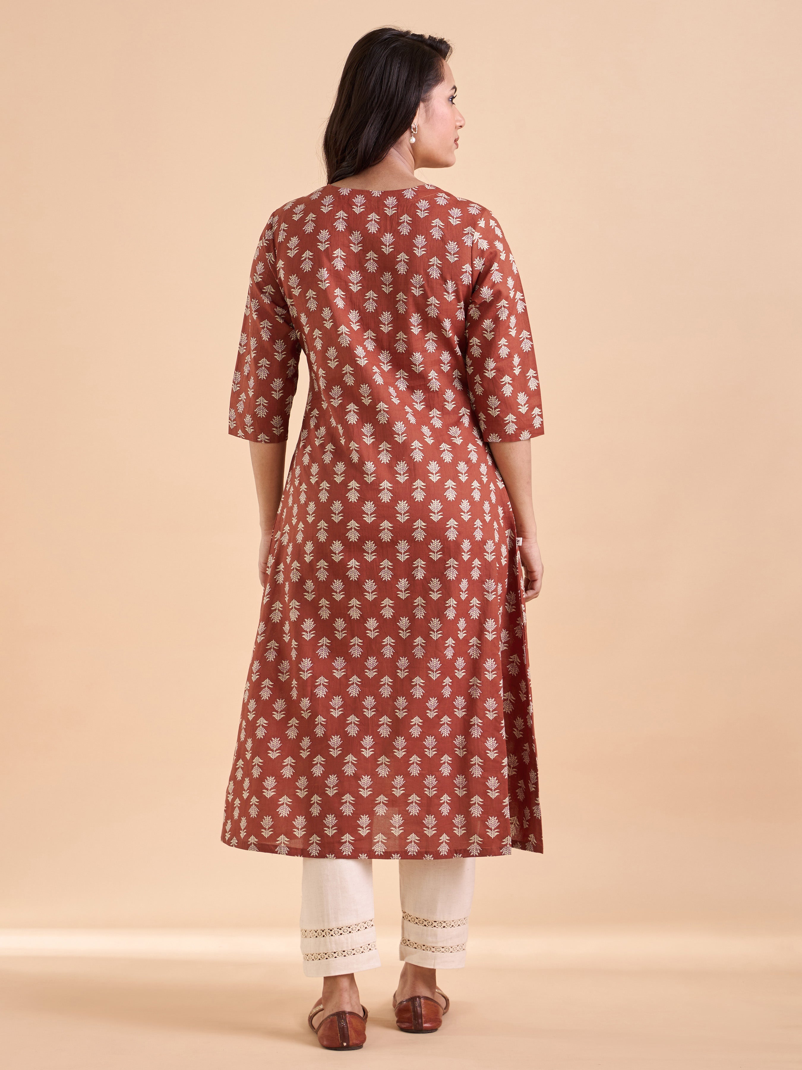 Brick Brown Pure Cotton Printed Kurti With Lace