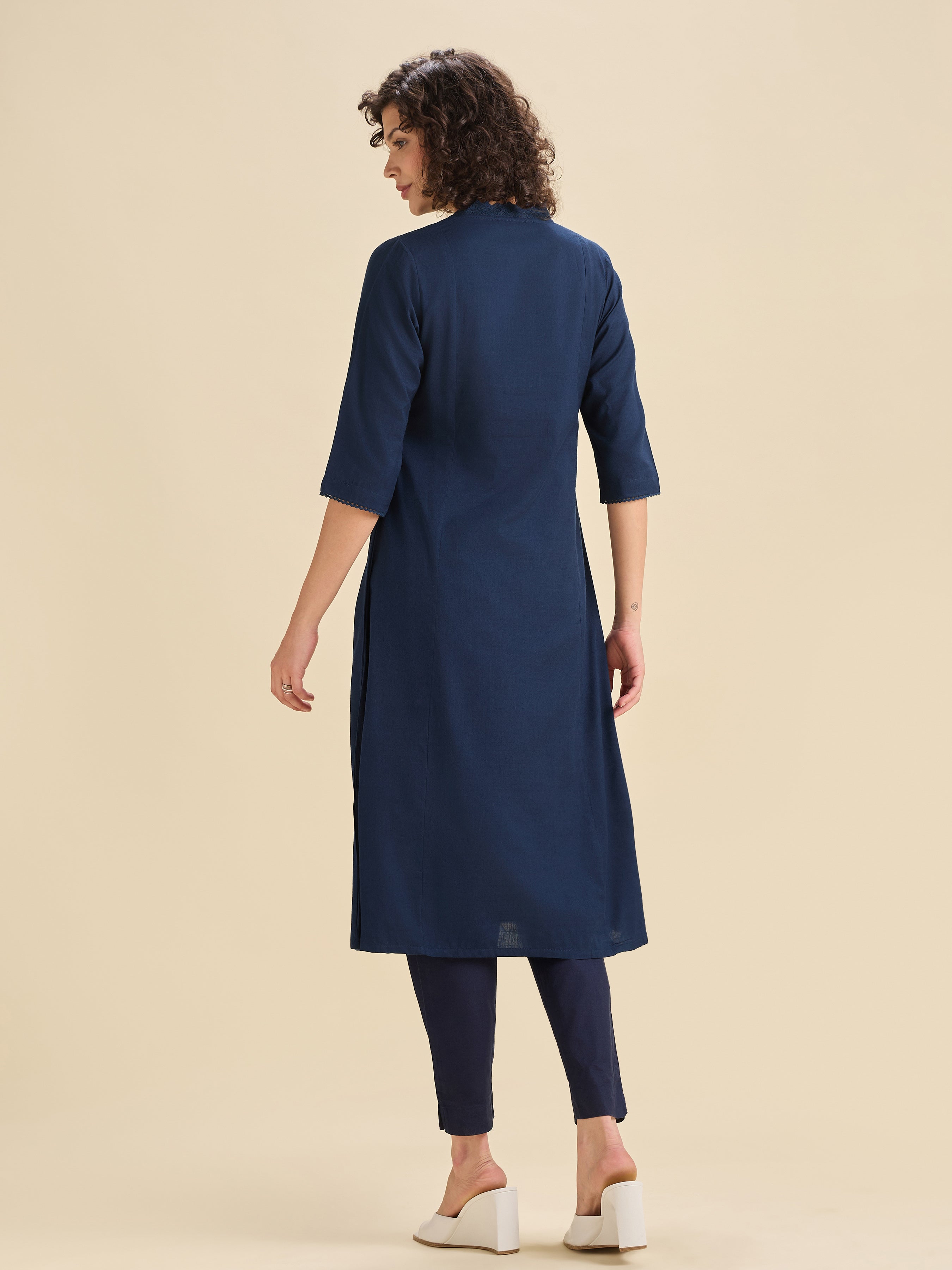 Navy Blue Cotton Viscose Flared Kurti With Lace And Embroidery
