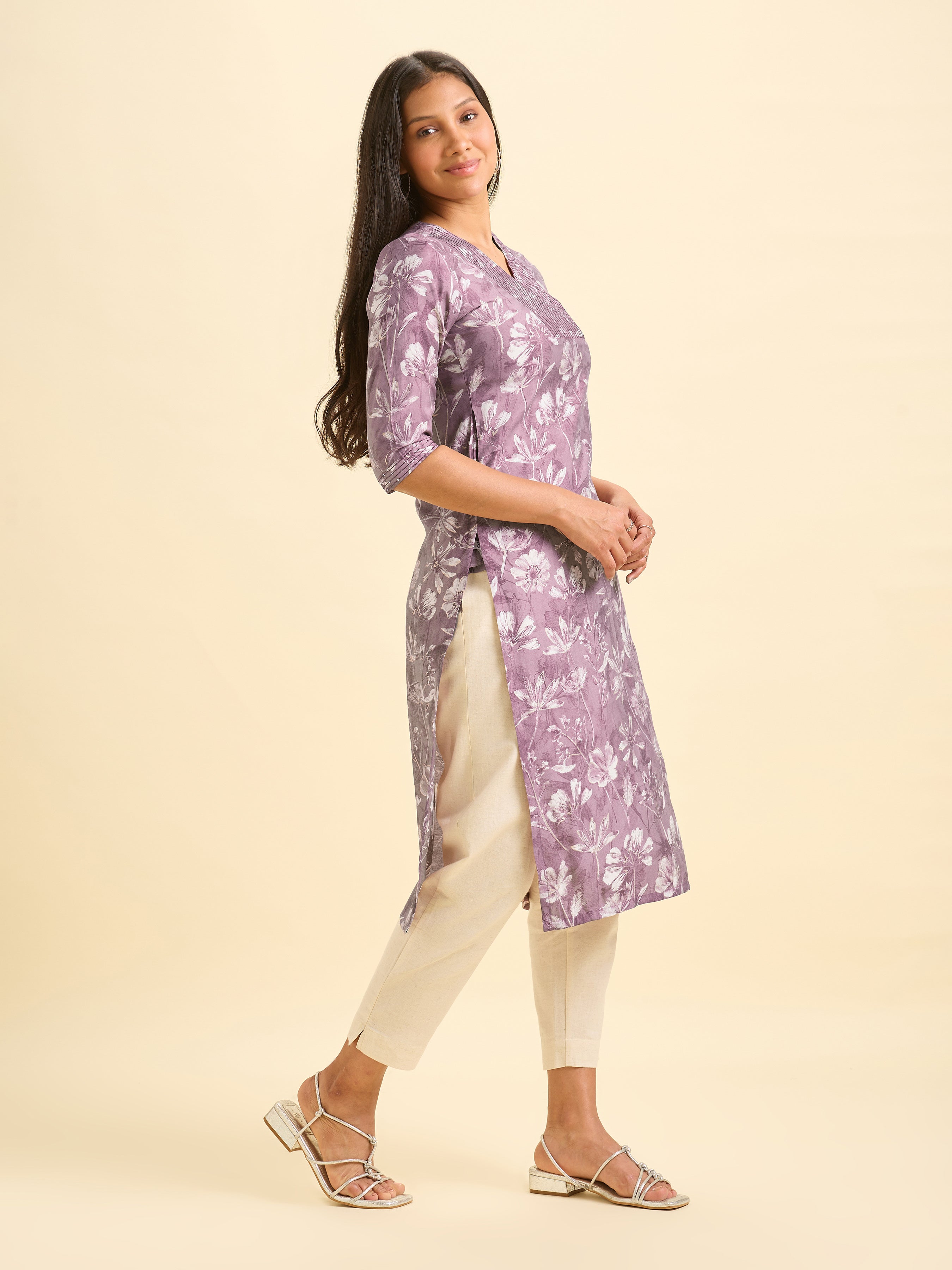 Multi Colour Modal Chanderi Printed Slited Kurti With Embroidery And Sequins Work