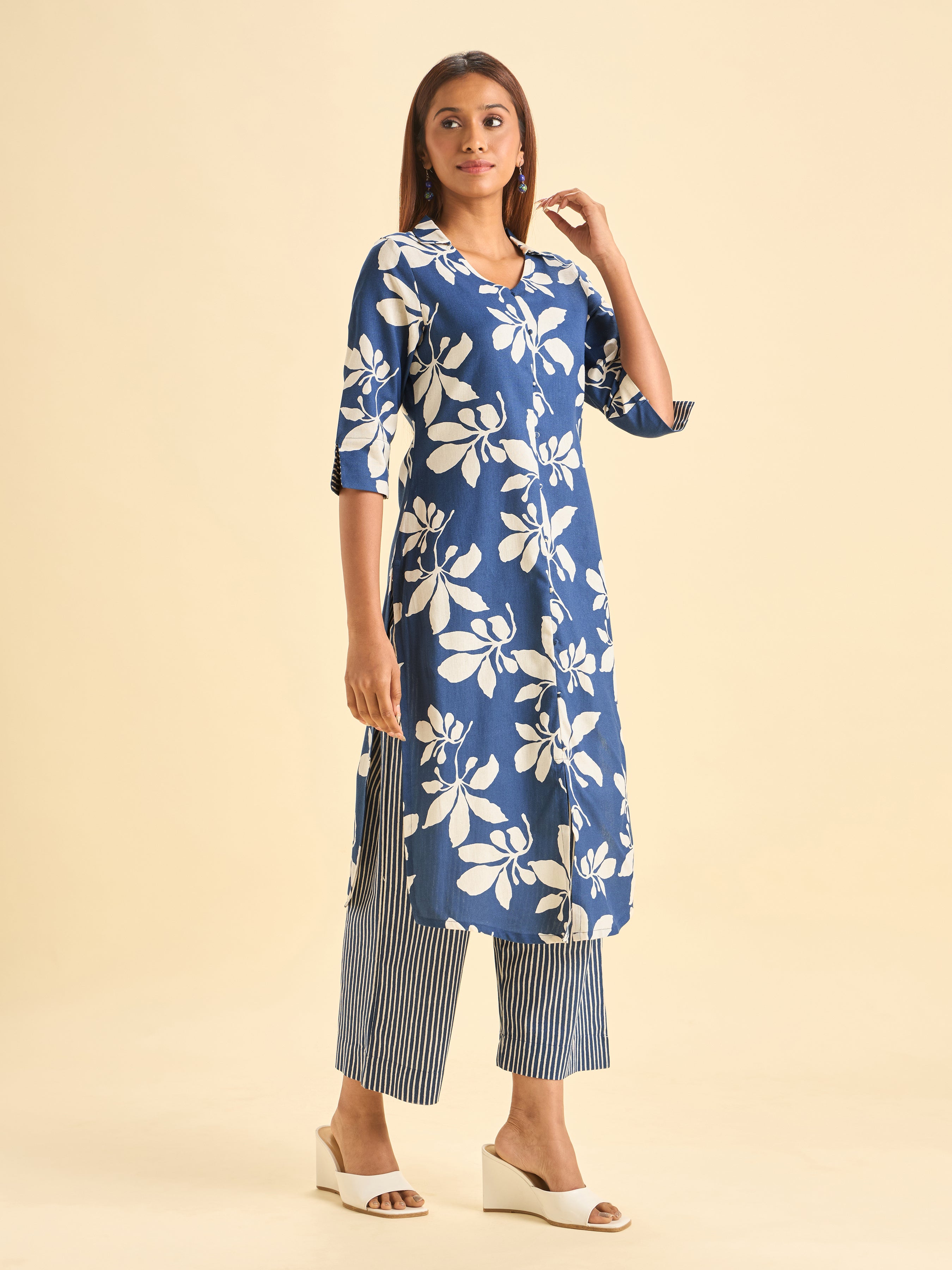 Navy Blue Cotton Flax Printed Slited Kurti Set