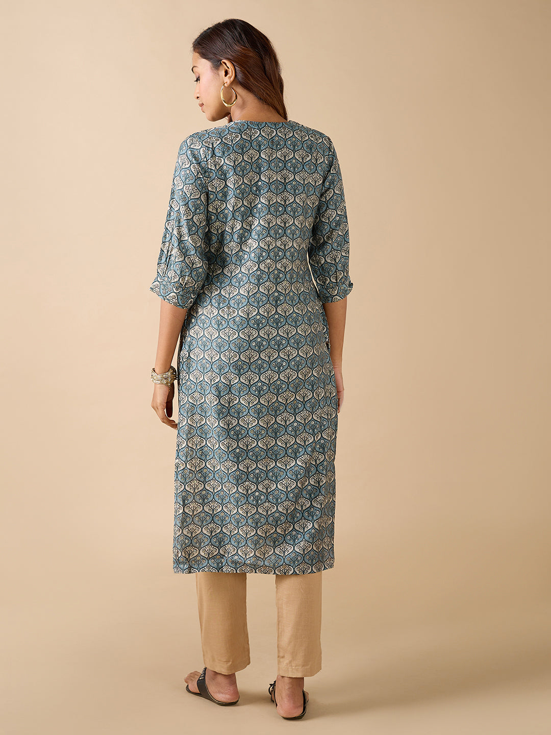 Blue Modal Chanderi Foil Printed Kurti With Sequins Work