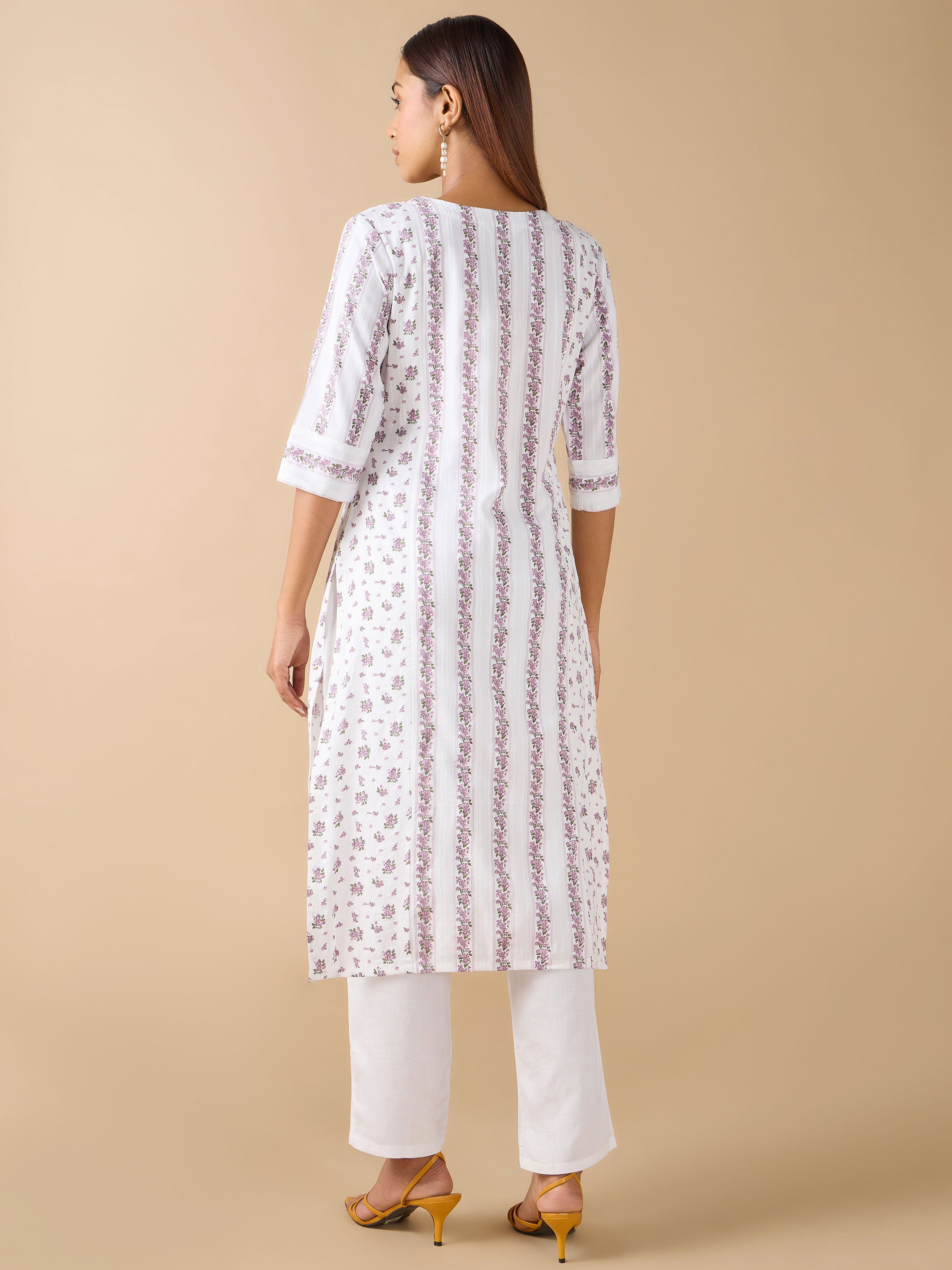 White Cotton Dobby Floral Printed Kurti With Sequins Work